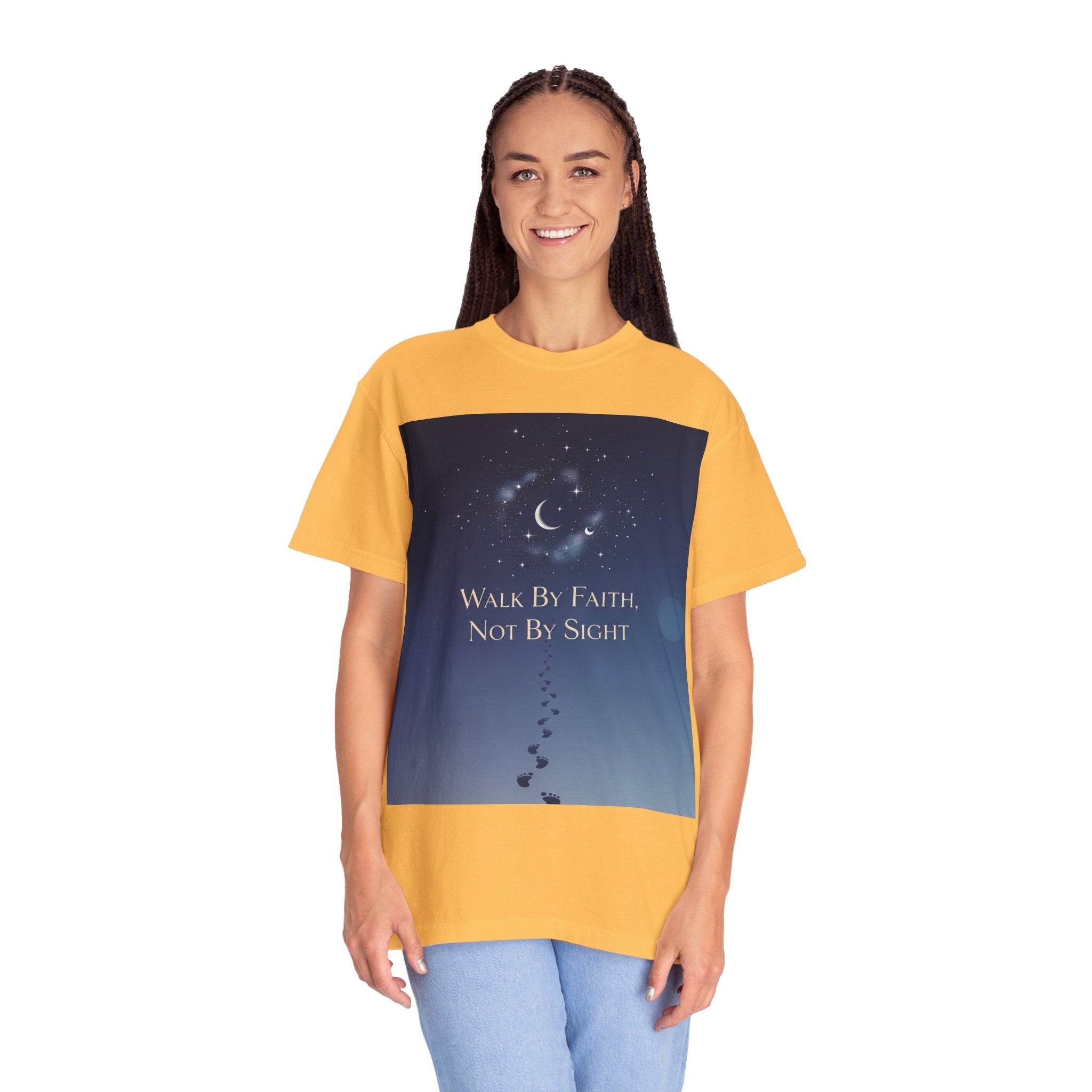 Walk by Faith, Not by Sight T-Shirt – Footprints in the Sand Christian Moonlit Tee Printify