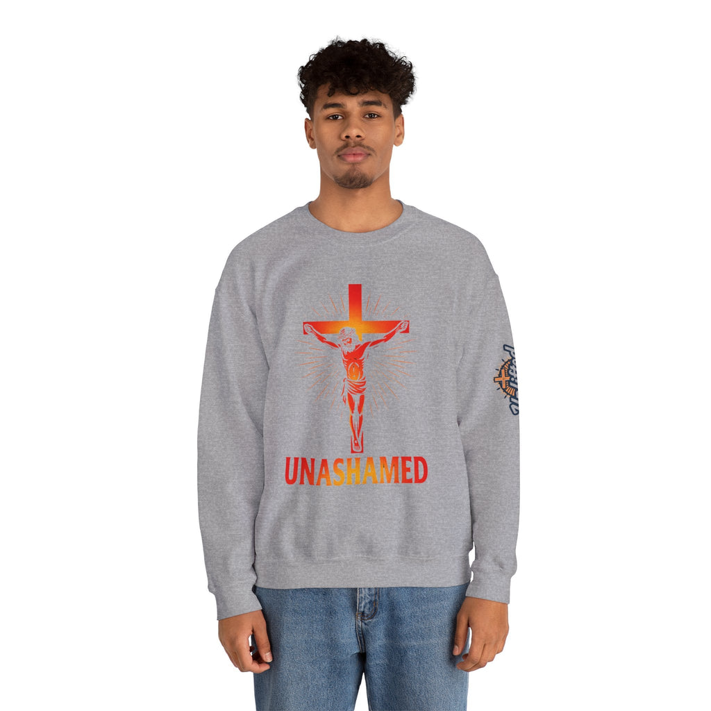 Unashamed Sweatshirt – Romans 1:16 Crucifixion Christian Sweatshirt for Bold Unwavering Faith Printify