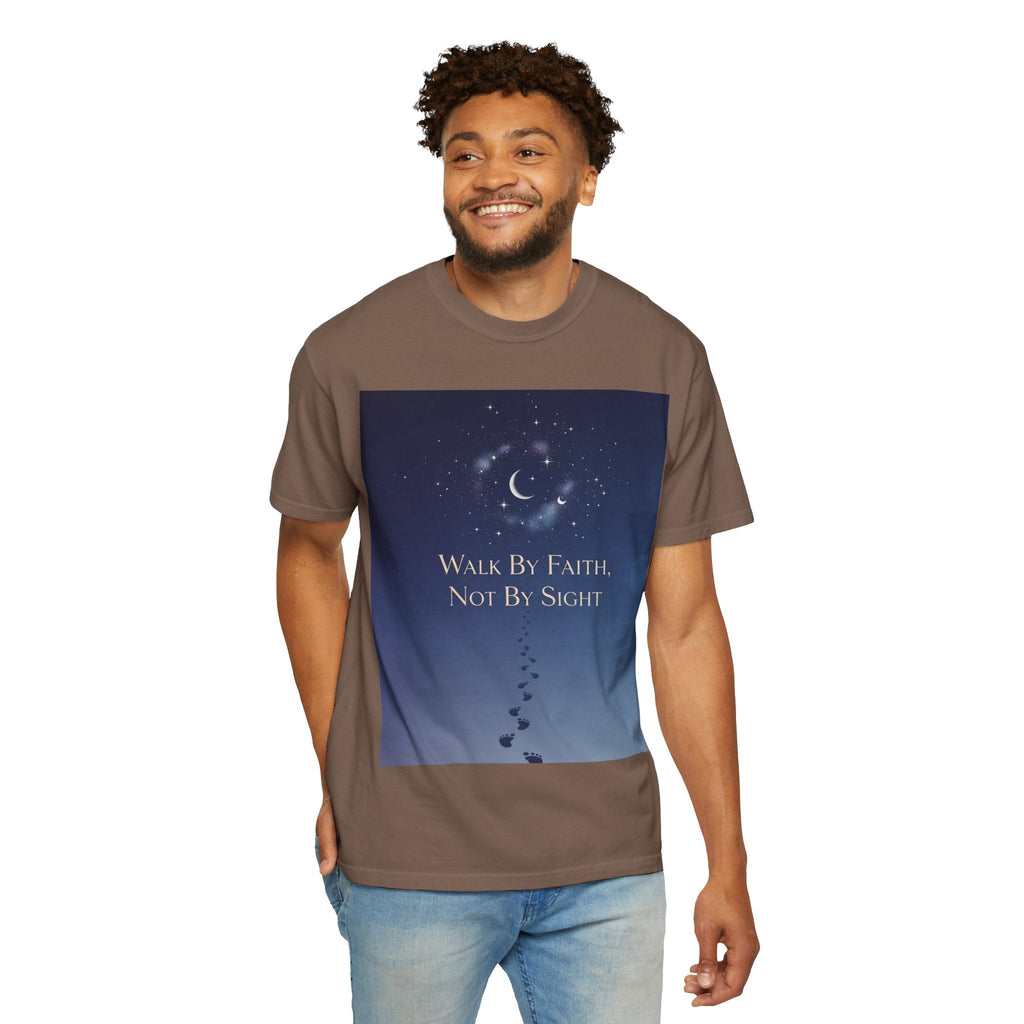 Walk by Faith, Not by Sight T-Shirt – Footprints in the Sand Christian Moonlit Tee Printify