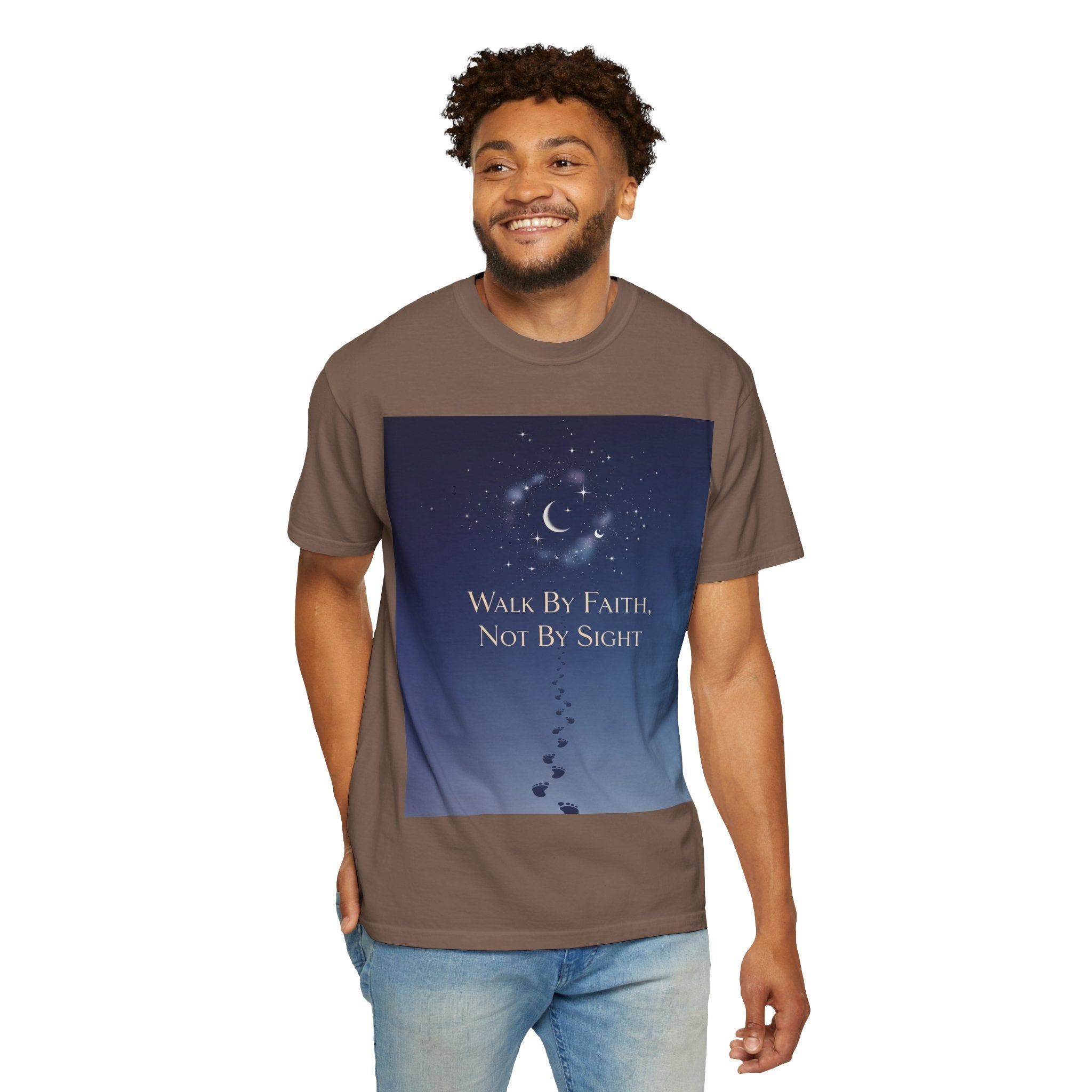 Walk by Faith, Not by Sight T-Shirt – Footprints in the Sand Christian Moonlit Tee Printify