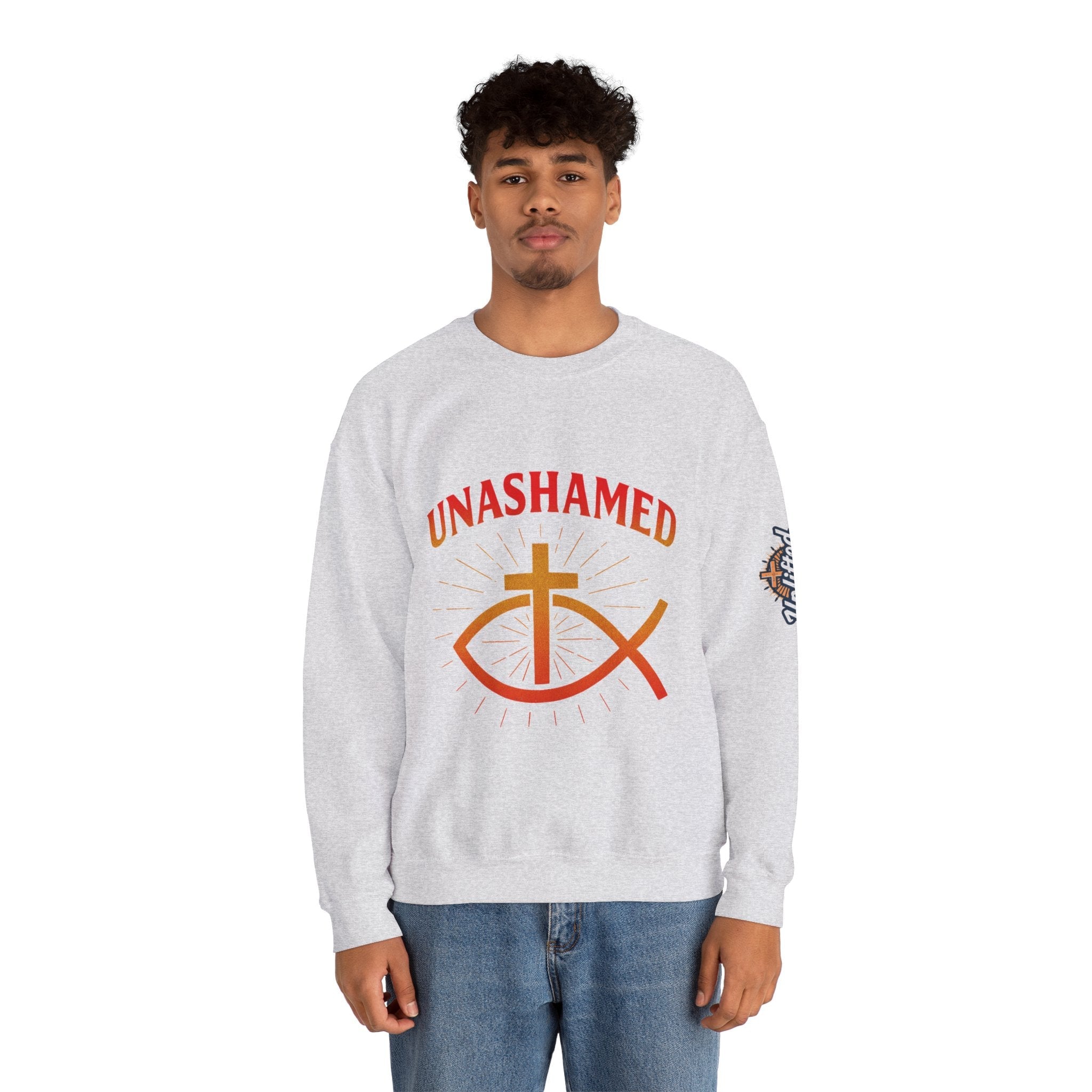 Unashamed Sweatshirt – Ichthys Jesus Fish & Cross Christian Sweatshirt for Romans 1:16 Bold Faith Printify