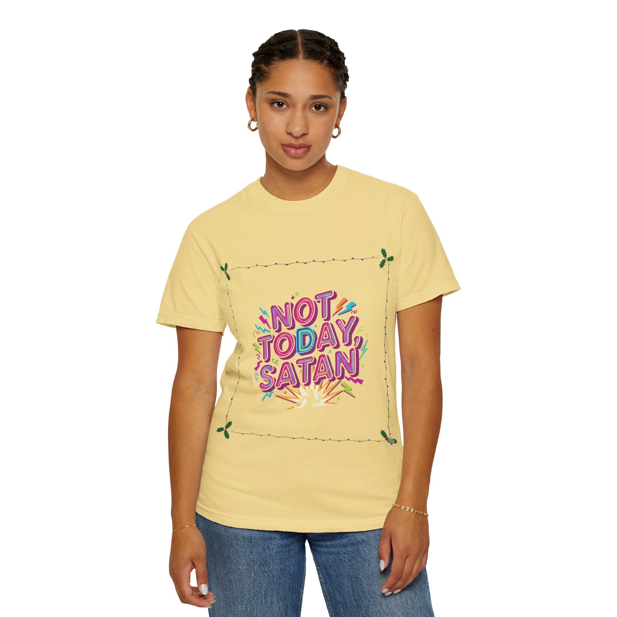 🔥 Not Today, Satan – Retro 90s Christian T-Shirt | Neon Faith Tee | Funky Cartoon Devil | Bold Bible Verse Shirt | Uplifted Gear Printify