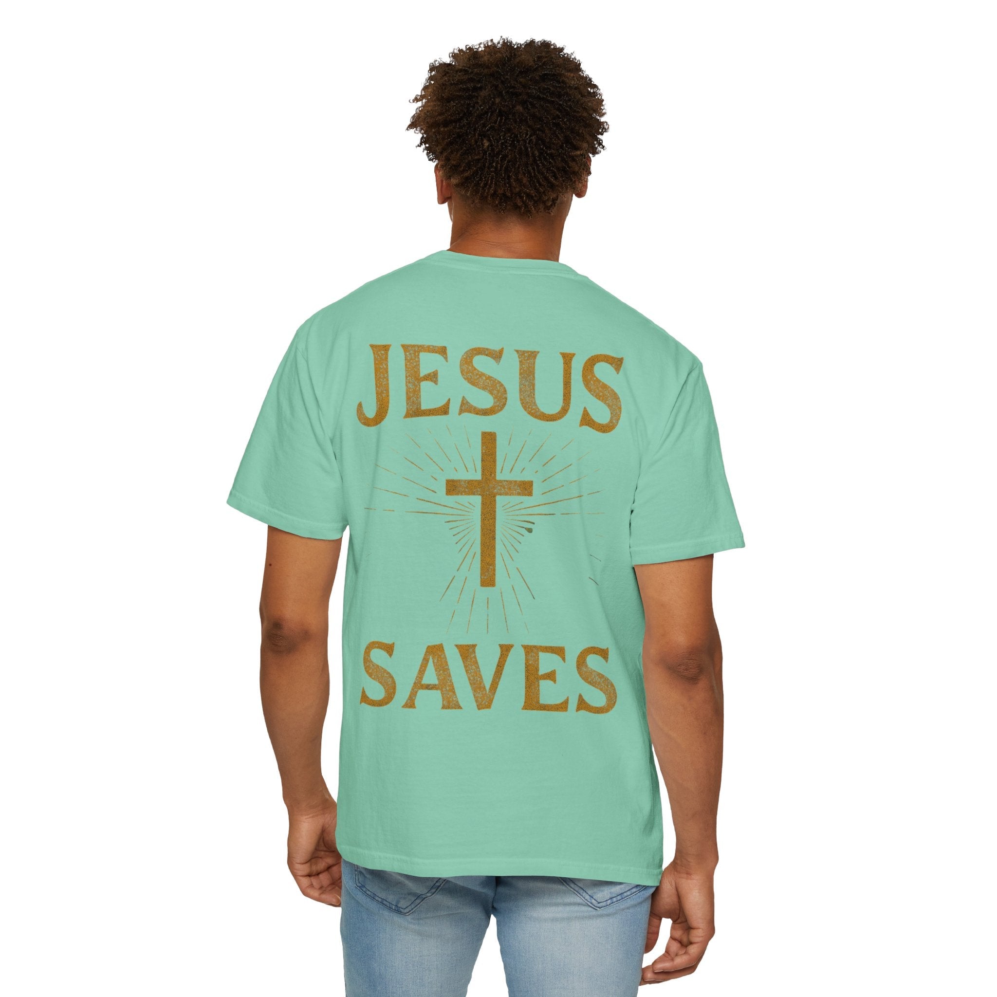 Jesus Saves T-shirt – Radiant Cross & Rays of Light Christian T-shirt for Eternal Hope & Faith Printify