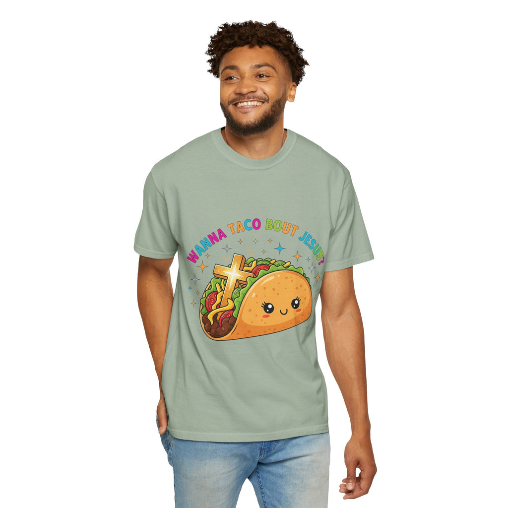 Wanna Taco 'Bout Jesus? Funny Christian Pun T-Shirt – Lettuce Pray & Share Faith! Printify