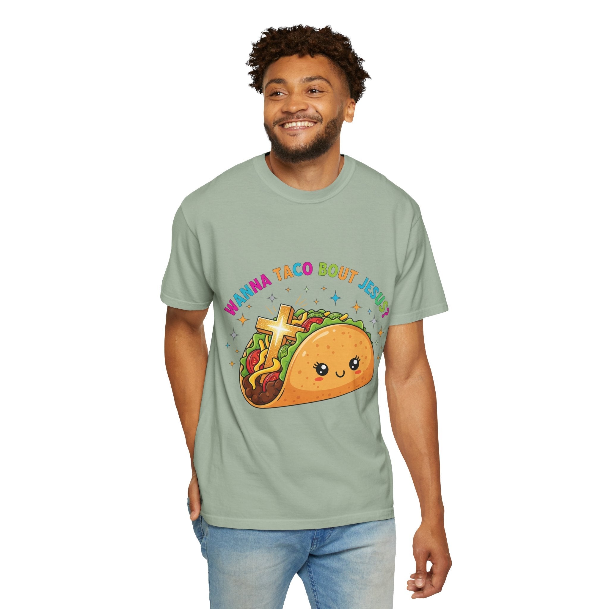 Wanna Taco 'Bout Jesus? Funny Christian Pun T-Shirt – Lettuce Pray & Share Faith! Printify