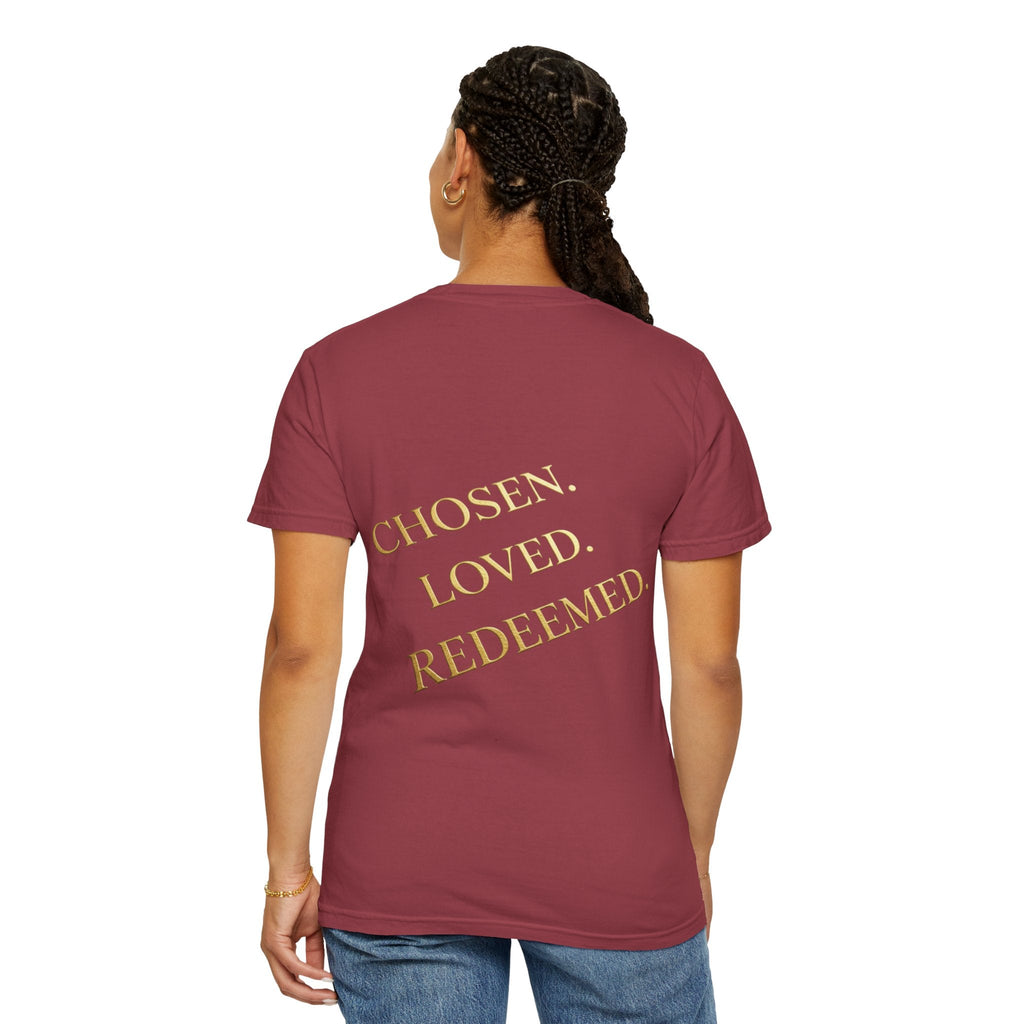 ✨ Chosen. Loved. Redeemed. – Elegant Christian T-Shirt | Gold Foil Faith Tee | Subtle Cross & Heart Design | Inspirational Bible Verse Apparel by Uplifted Gear Printify