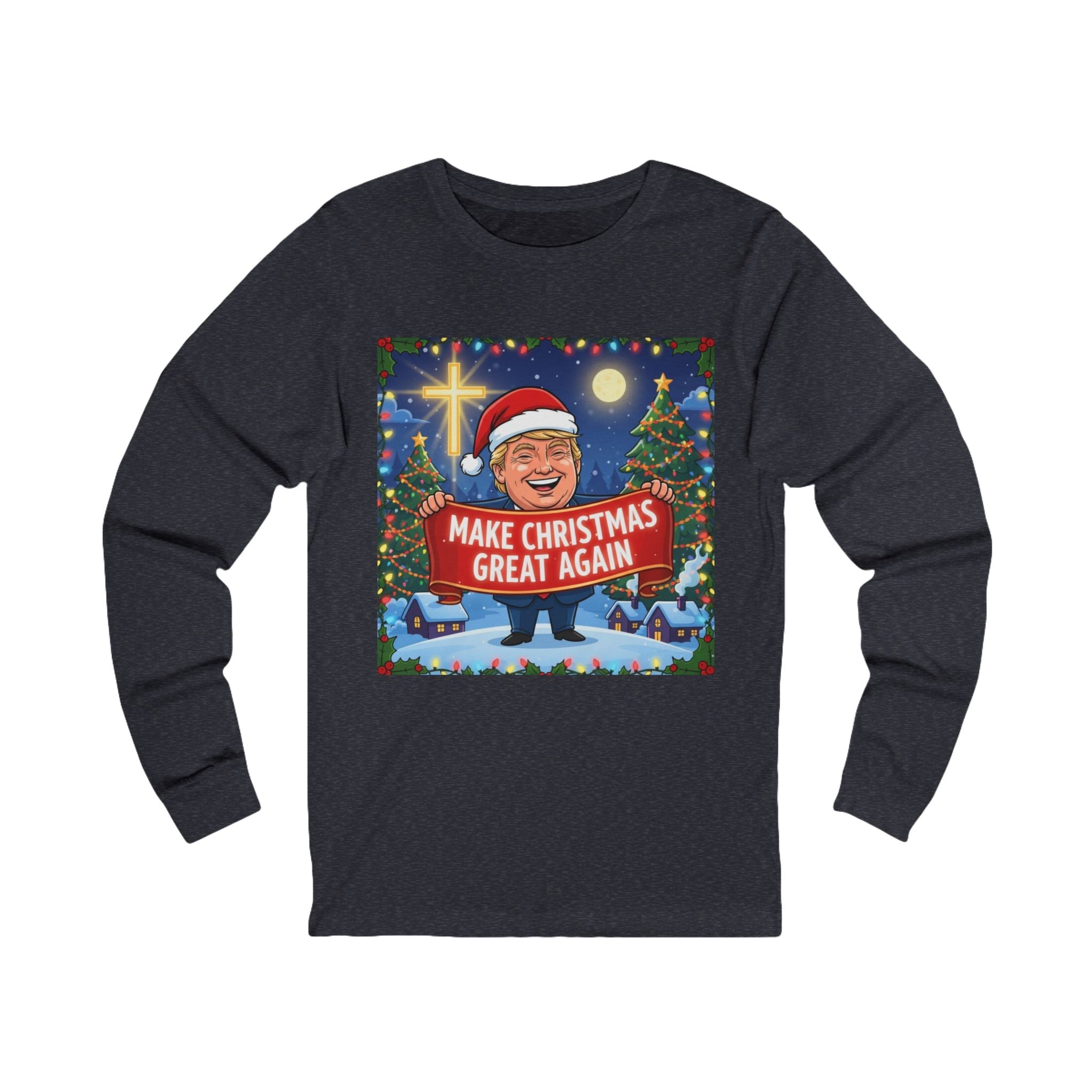 🎄 Make Christmas Great Again – Patriotic Christian Christmas Long Sleeve Shirt | Bold Holiday Faith Tee | Red & White Banner Design | Uplifted Gear Printify