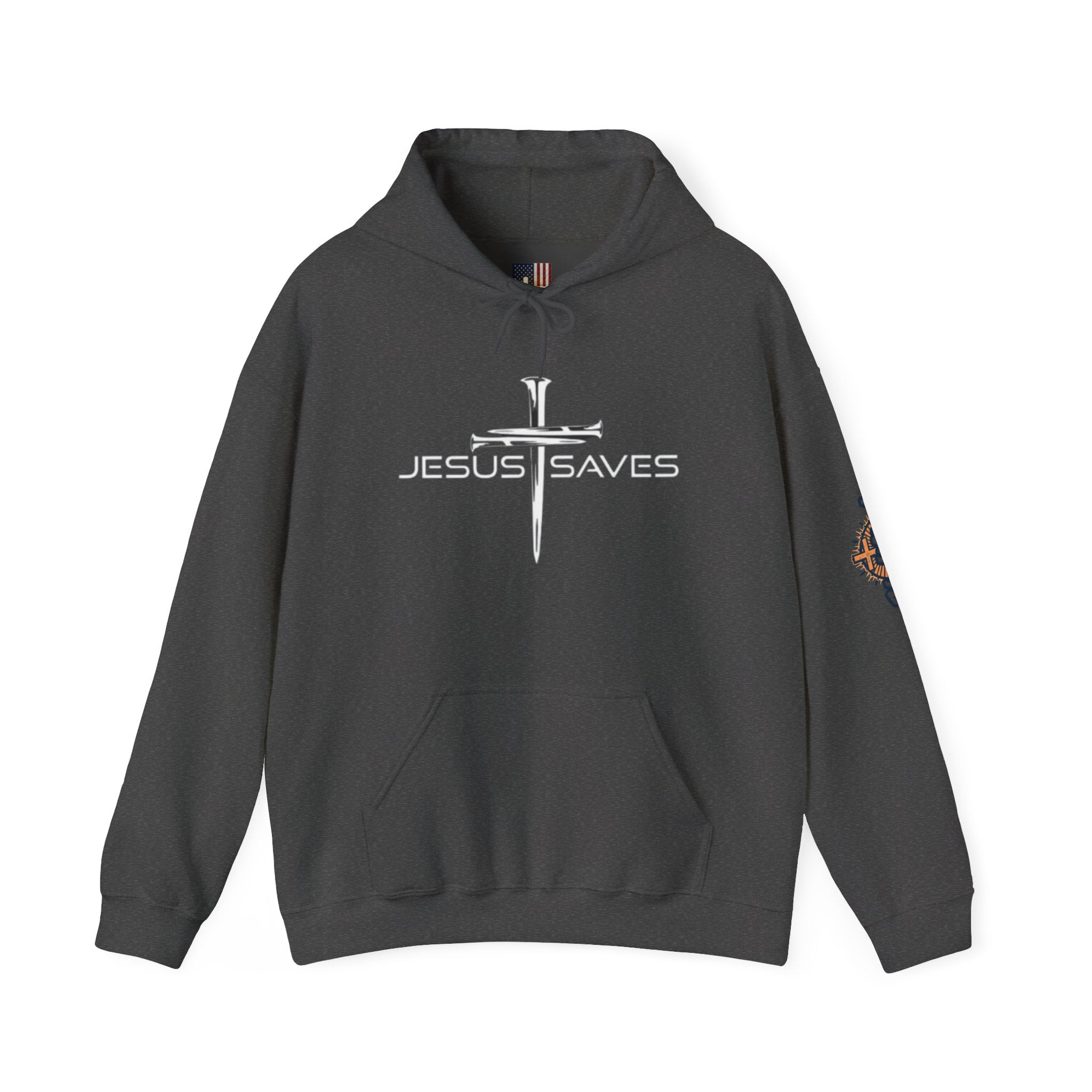 Jesus Saves Hoodie – 3 Nails Crucifix Cross Christian Sweatshirt for Redemption Faith & Bold Salvation Printify