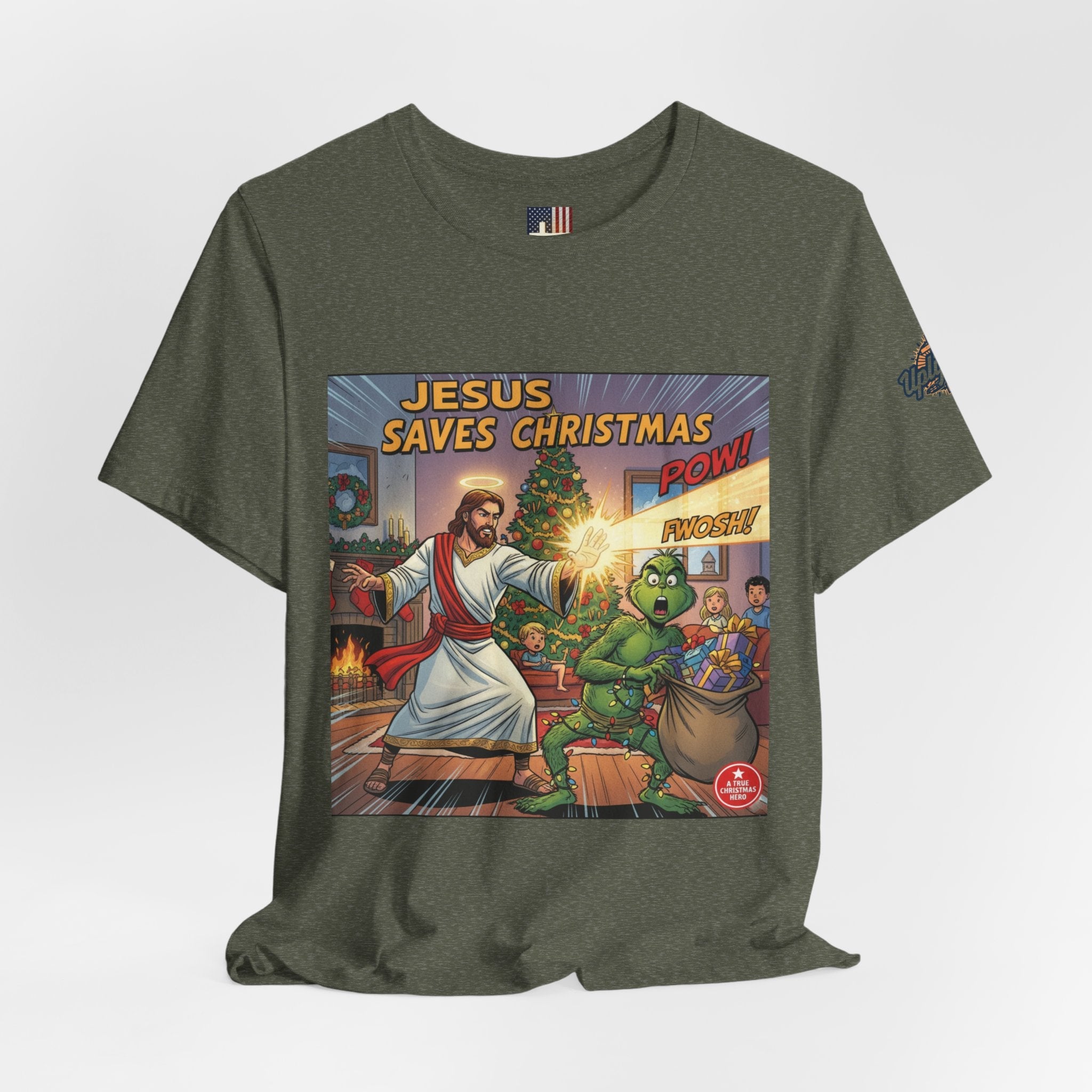 Jesus Saves Christmas T-shirt – Grinch vs Savior Light Battle Christian T-shirt for Hilarious Holiday Faith & True Joy Printify