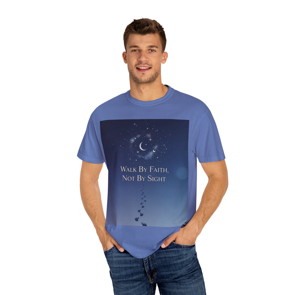 Walk by Faith, Not by Sight T-Shirt – Footprints in the Sand Christian Moonlit Tee Printify