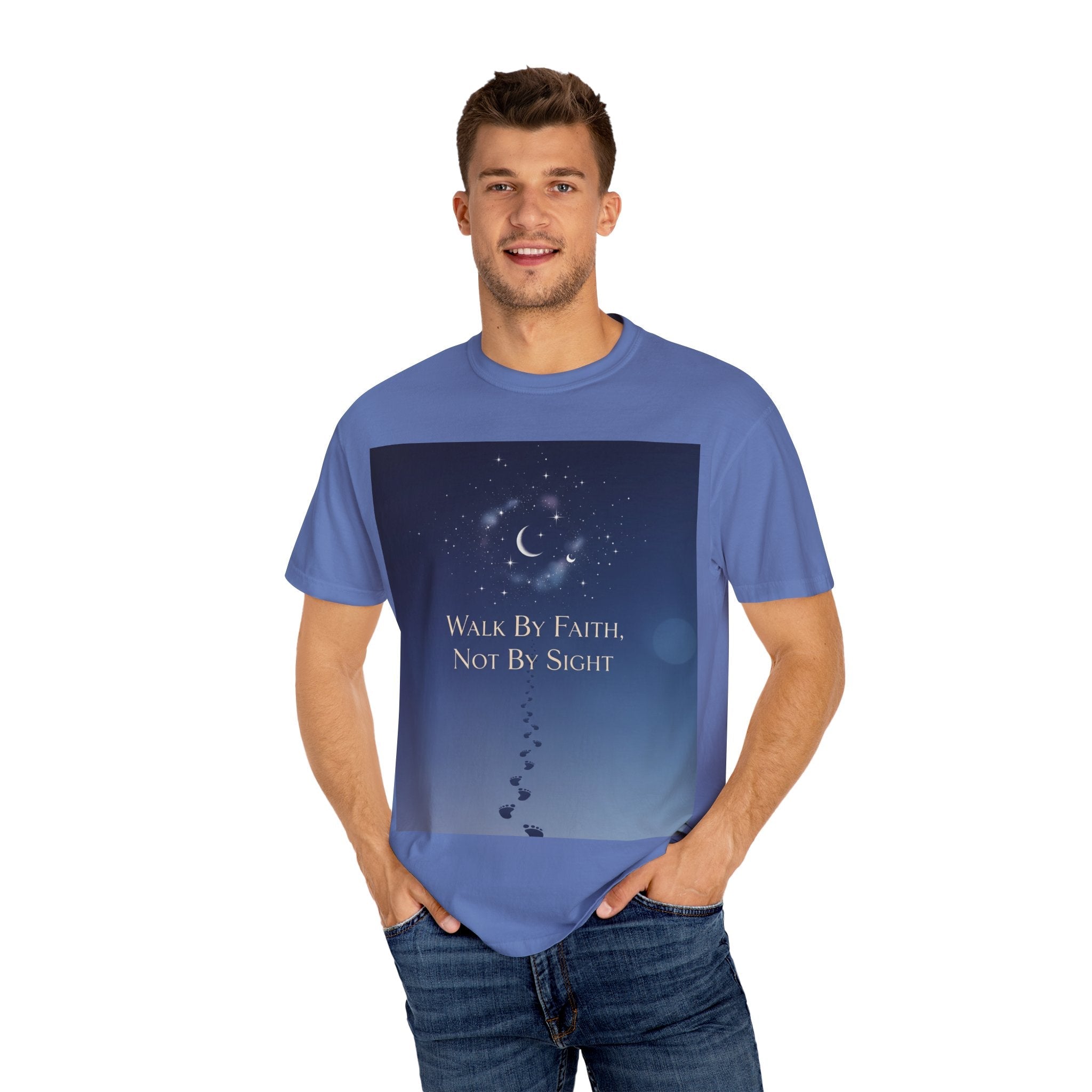 Walk by Faith, Not by Sight T-Shirt – Footprints in the Sand Christian Moonlit Tee Printify