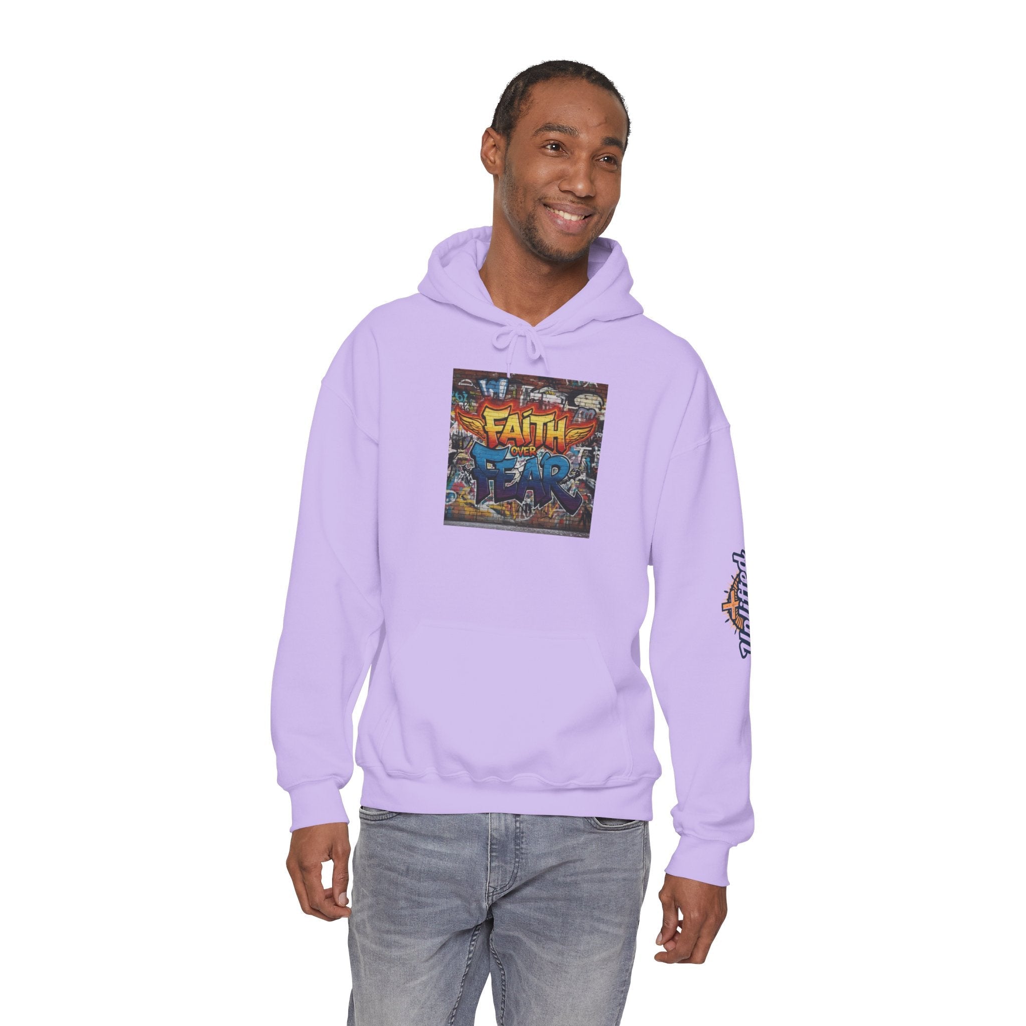 Faith Over Fear Hoodie – Graffiti Wall Christian Sweatshirt for Bold 2 Corinthians 5:7 Streetwear & Unshakable Faith Printify