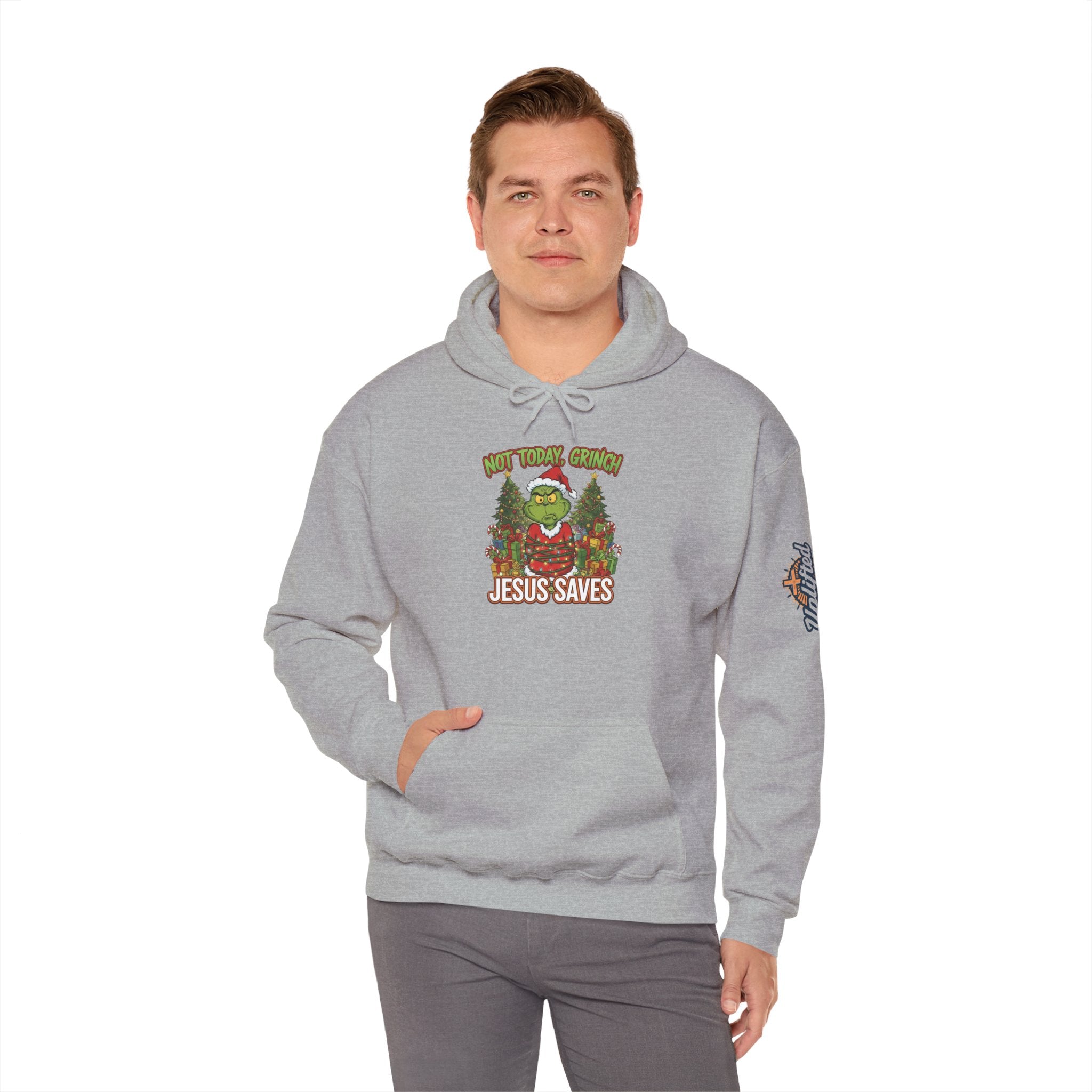 🎄 Not Today, Grinch – Jesus Saves | Funny Christian Christmas Hoodie | Sulking Grinch & Glowing Cross | Bold Neon Faith Tee by Uplifted Gear Printify