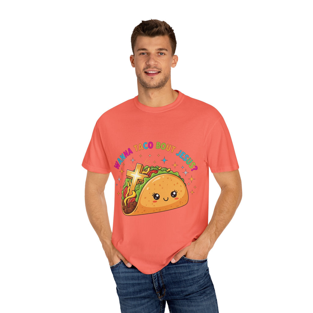 Wanna Taco 'Bout Jesus? Funny Christian Pun T-Shirt – Lettuce Pray & Share Faith! Printify