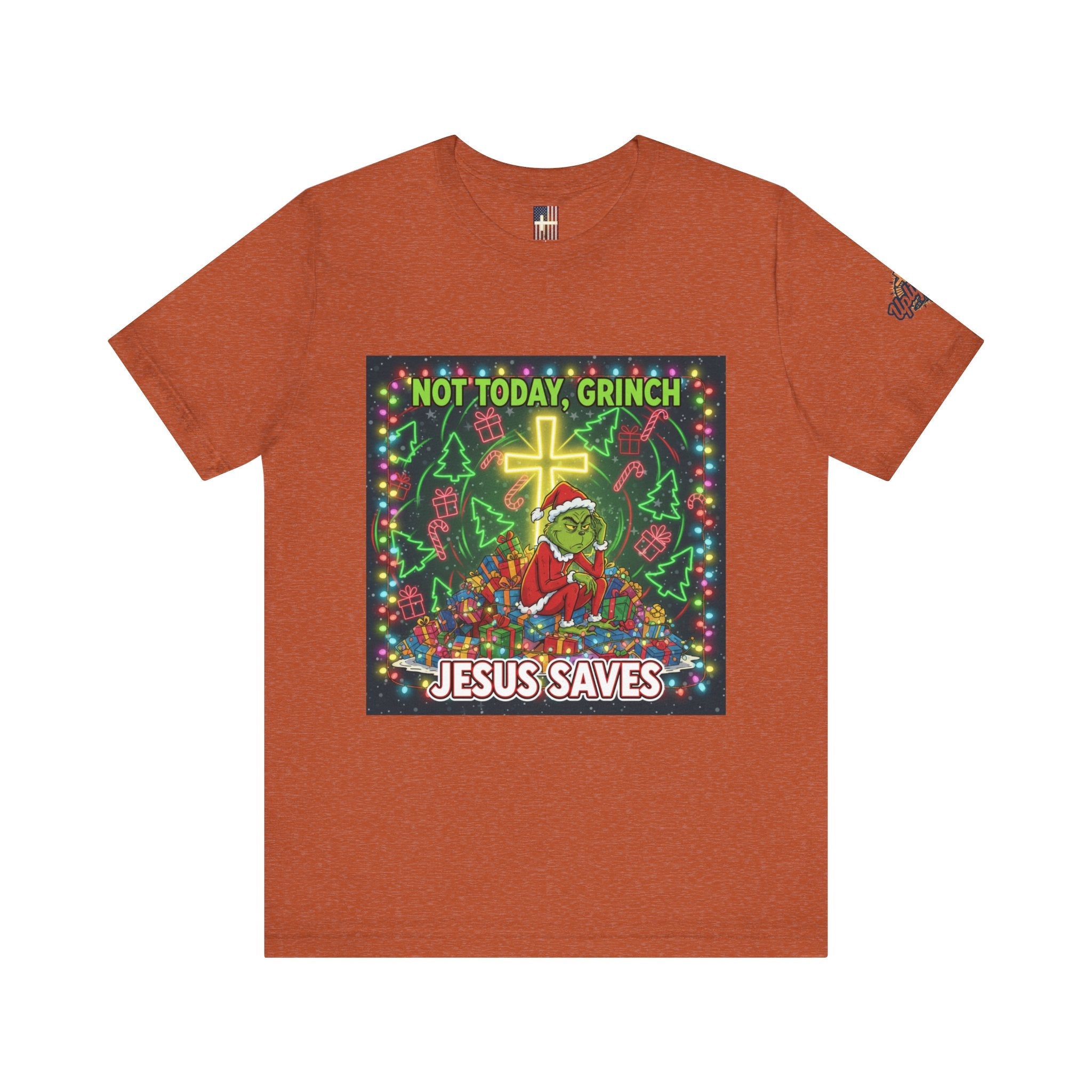 🎄 Not Today, Grinch – Jesus Saves | Funny Christian Christmas T-Shirt | Festive Green & Red Cartoon Style | Bold Faith Holiday Tee by Uplifted Gear Printify