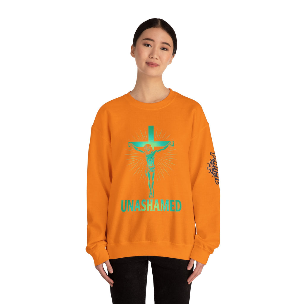 Unashamed Sweatshirt – Romans 1:16 Crucifixion Christian Sweatshirt for Bold Unwavering Faith Printify