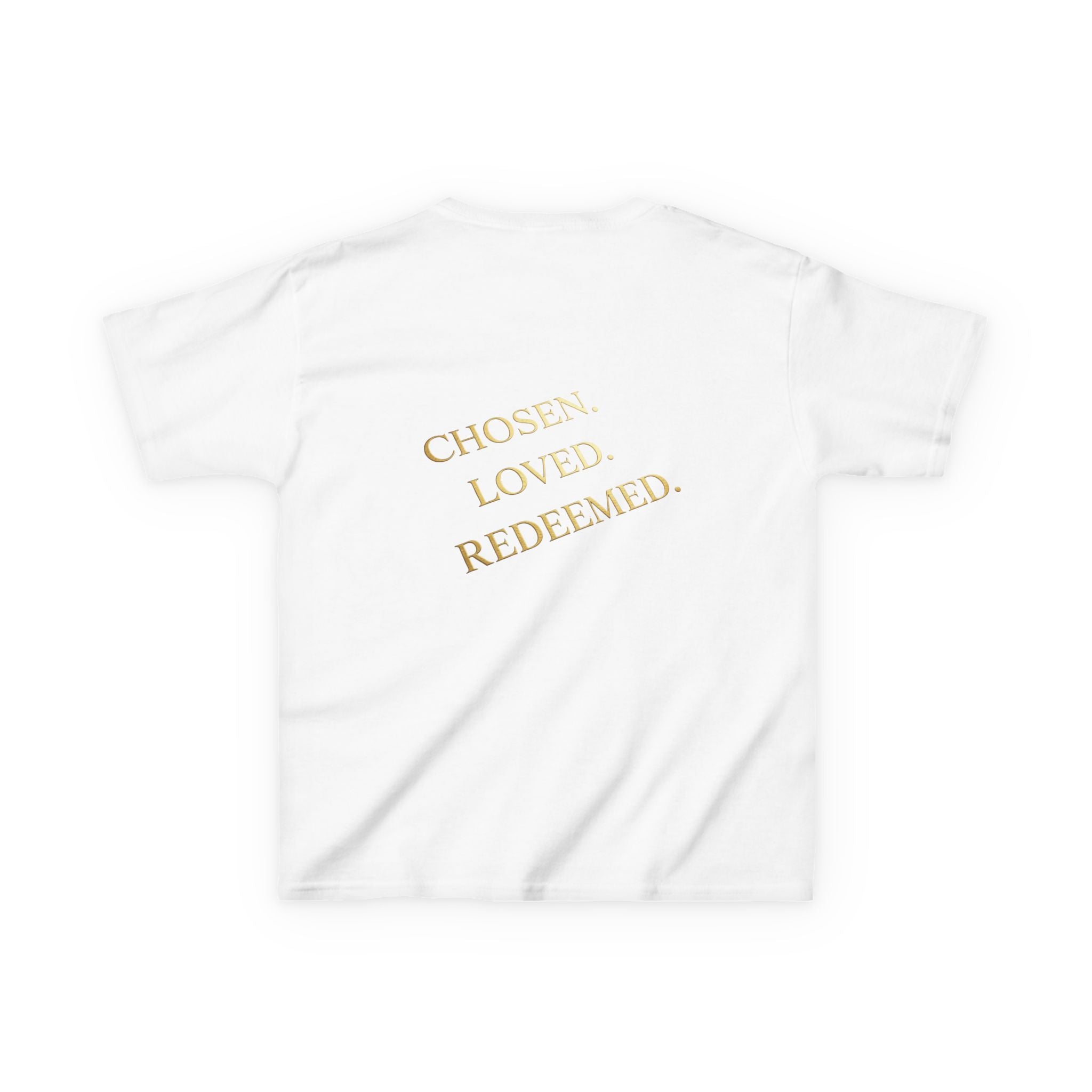 ✨ Chosen. Loved. Redeemed. – Elegant Christian Kids T-Shirt | Gold Foil Faith Tee | Subtle Cross & Heart Design | Inspirational Bible Verse Apparel by Uplifted Gear Printify