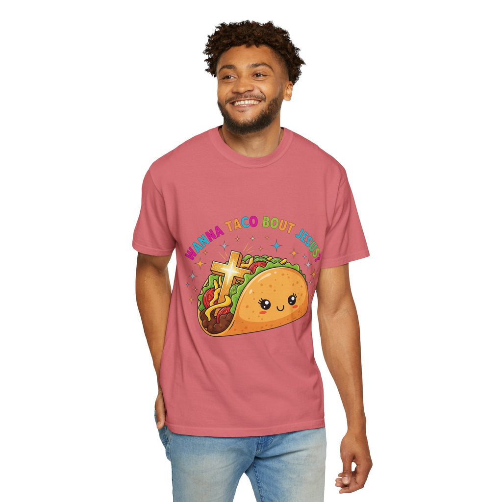 Wanna Taco 'Bout Jesus? Funny Christian Pun T-Shirt – Lettuce Pray & Share Faith! Printify