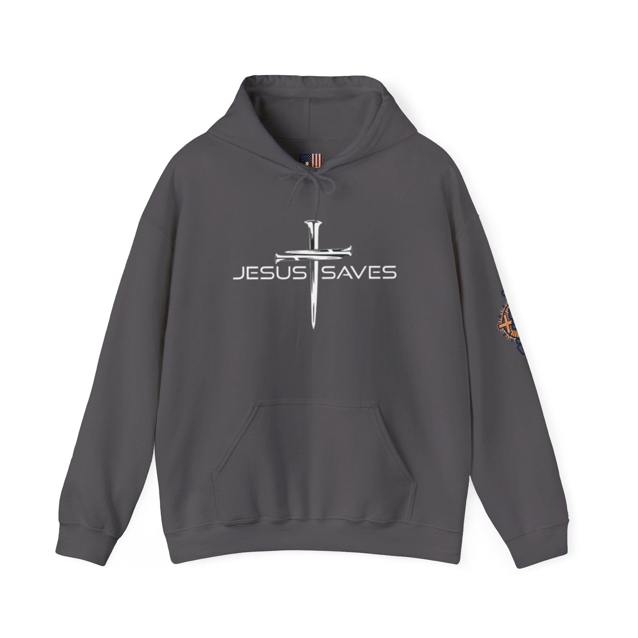 Jesus Saves Hoodie – 3 Nails Crucifix Cross Christian Sweatshirt for Redemption Faith & Bold Salvation Printify