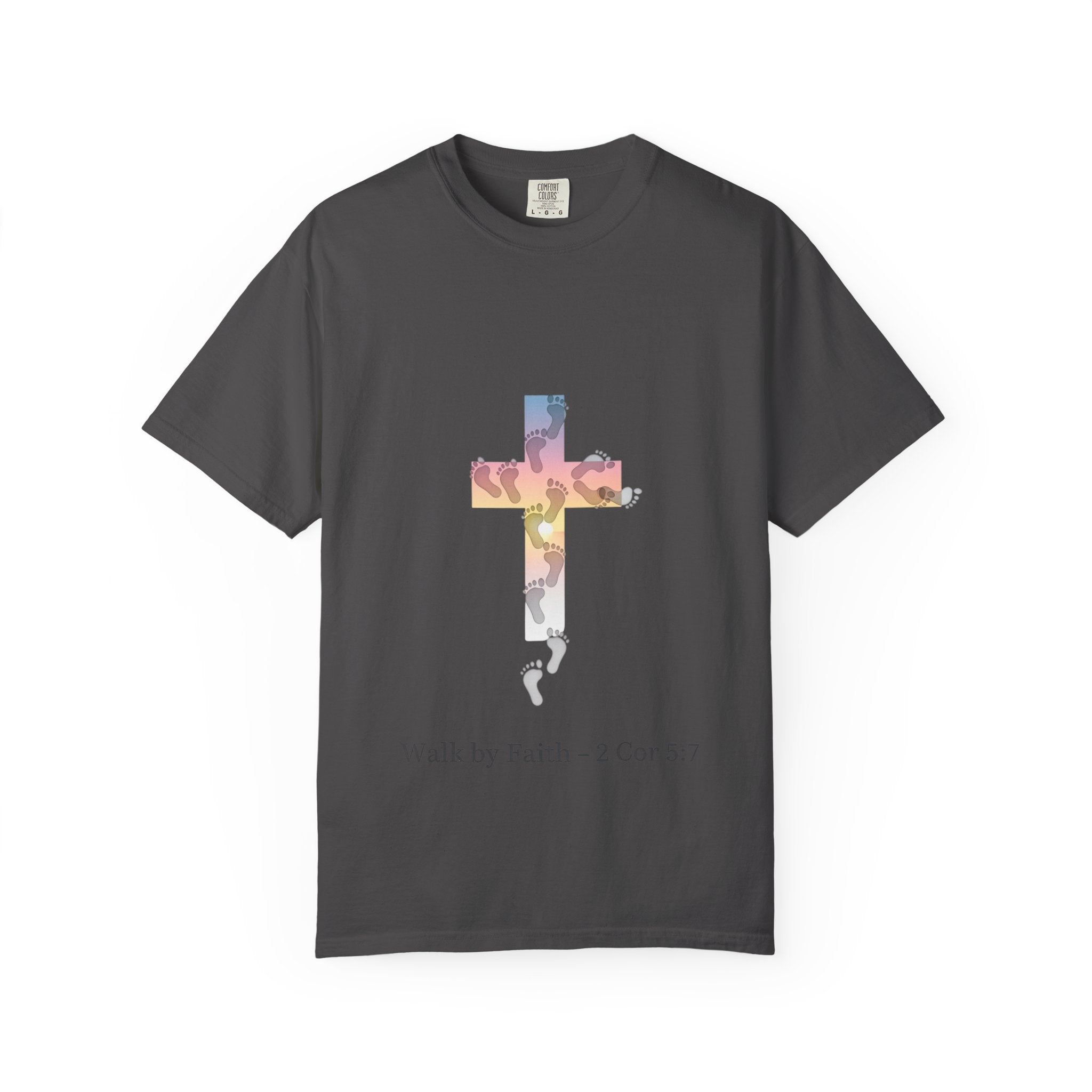 Walk by Faith T-Shirt – Cross & Footprints Christian Tee for Bold Believers Printify