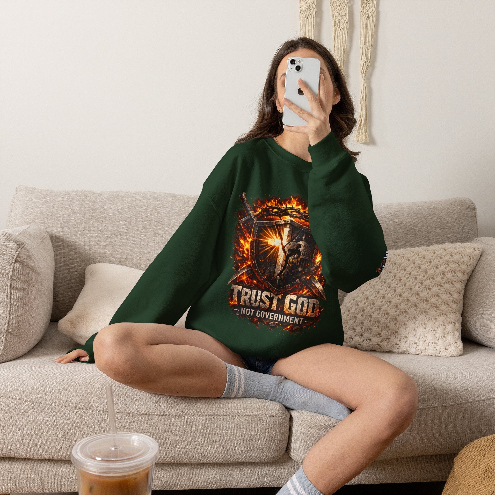 Trust God Not Government Shield Sweatshirt — Patriotic Christian Faith Sweatshirt Printify
