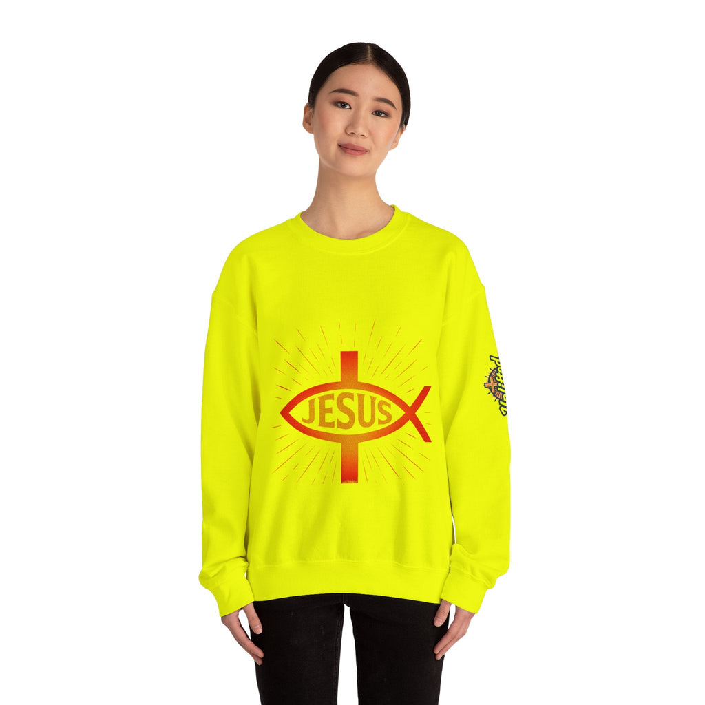 Jesus Ichthys Sweatshirt – Christian Fish Symbol with Cross & Jesus Inscription Sweatshirt for Eternal Faith & Streetwear Printify