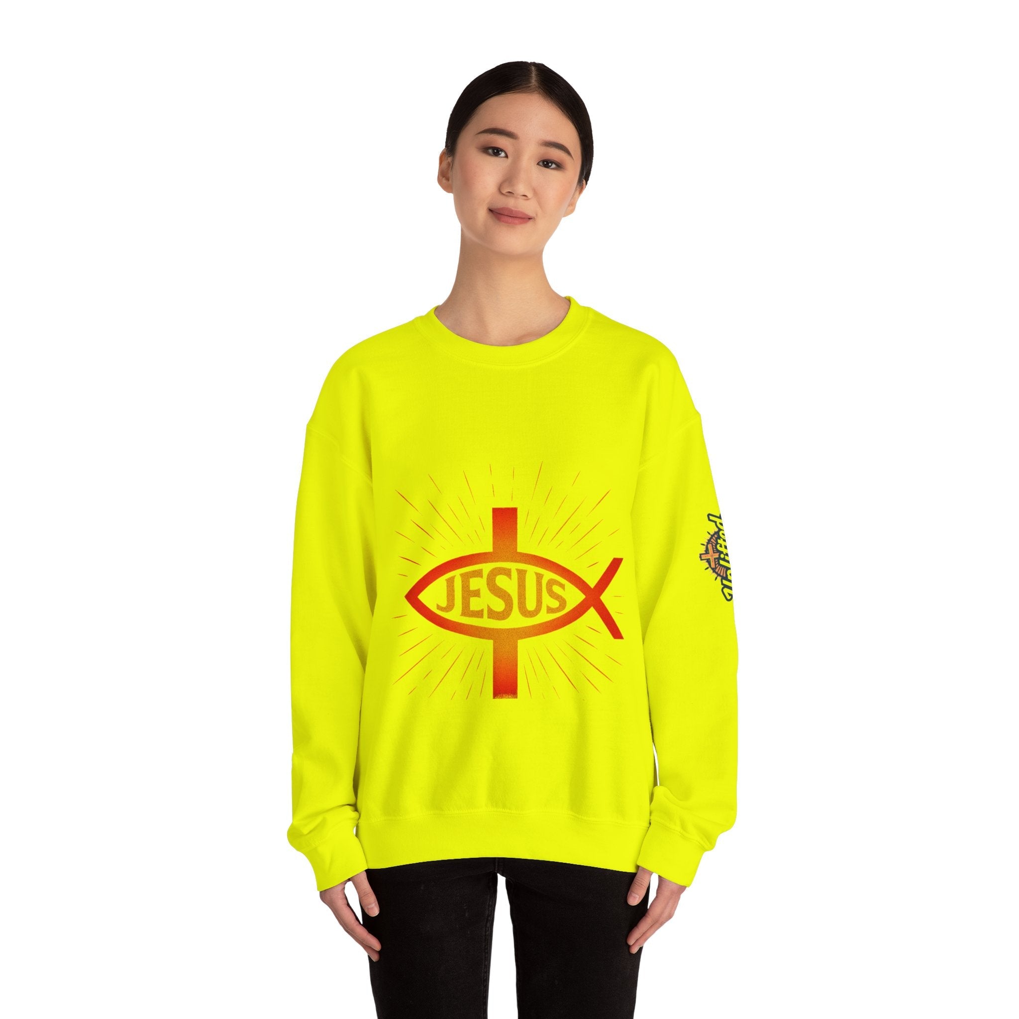 Jesus Ichthys Sweatshirt – Christian Fish Symbol with Cross & Jesus Inscription Sweatshirt for Eternal Faith & Streetwear Printify