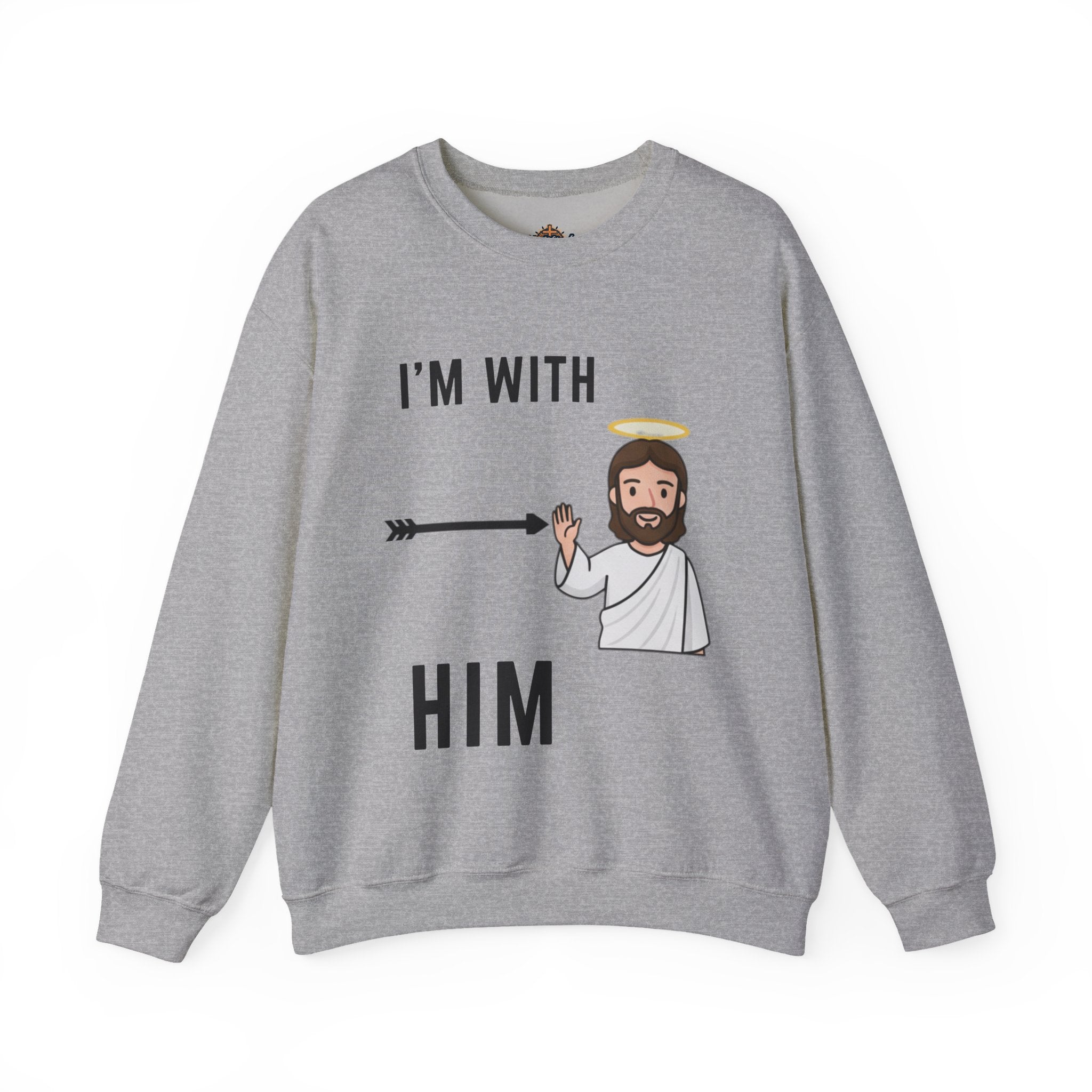🔥 I’m With Him → Christian Sweatshirt | Arrow Pointing to Jesus | Minimalist Faith Tee | Subtle Cross Design | Bible-Inspired Apparel by Uplifted Gear Printify