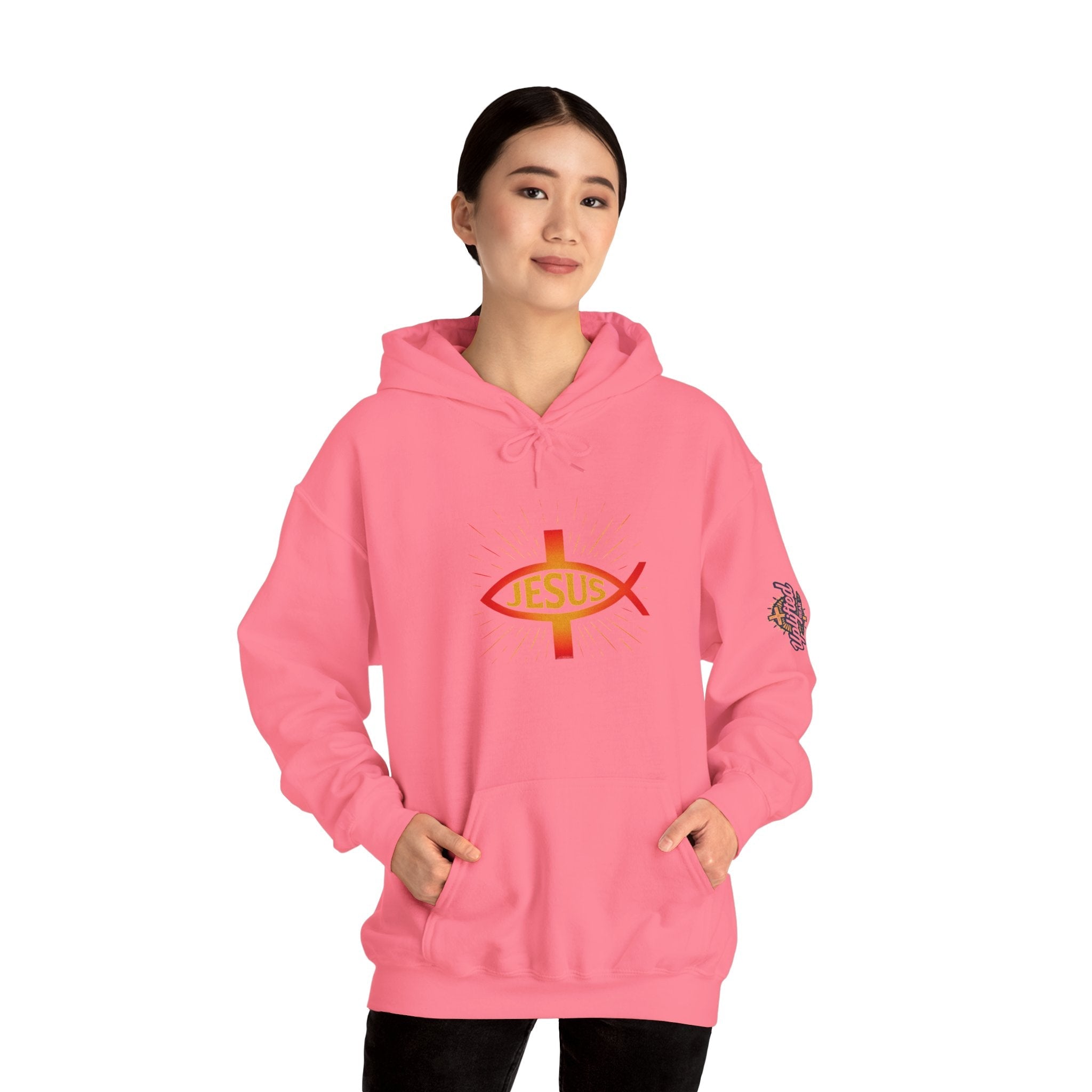 Jesus Ichthys Hoodie – Christian Fish Symbol with Cross & Jesus Inscription Sweatshirt for Eternal Faith & Streetwear Printify