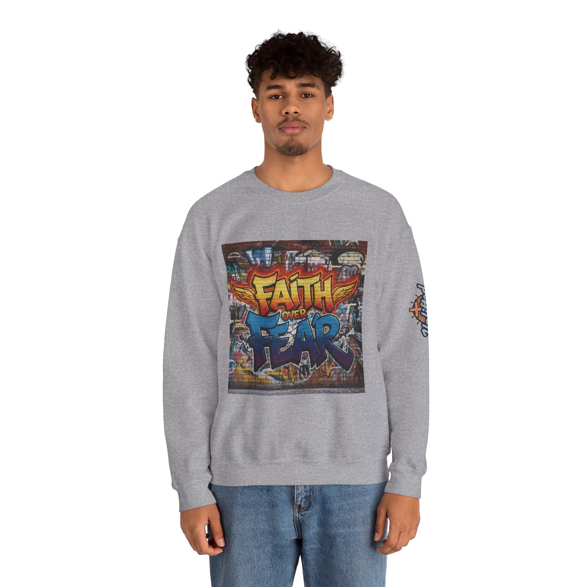 Faith Over Fear Sweatshirt – Graffiti Wall Christian Sweatshirt for Bold 2 Corinthians 5:7 Streetwear & Unshakable Faith Printify