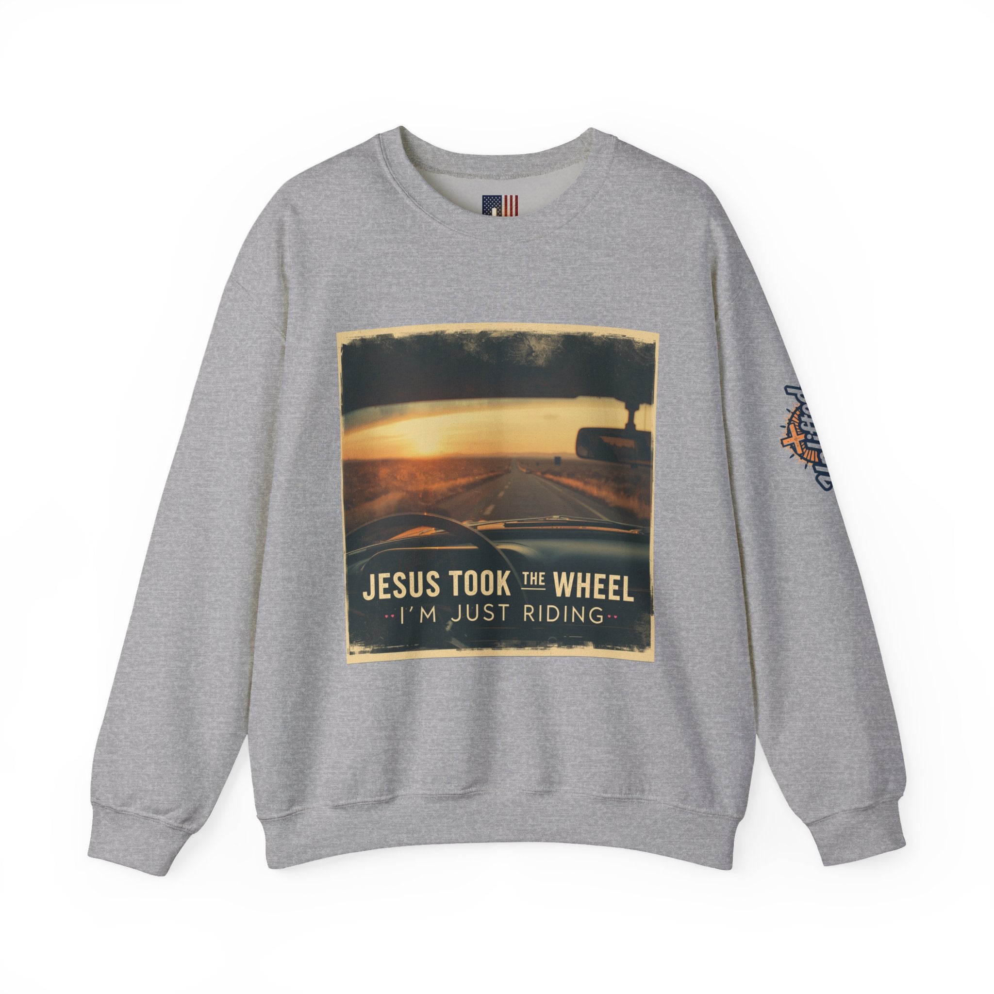 Jesus Took the Wheel I'm Just Riding Sweatshirt – Funny Christian Convertible Car Sweatshirt for Surrendered Faith & Humor Printify