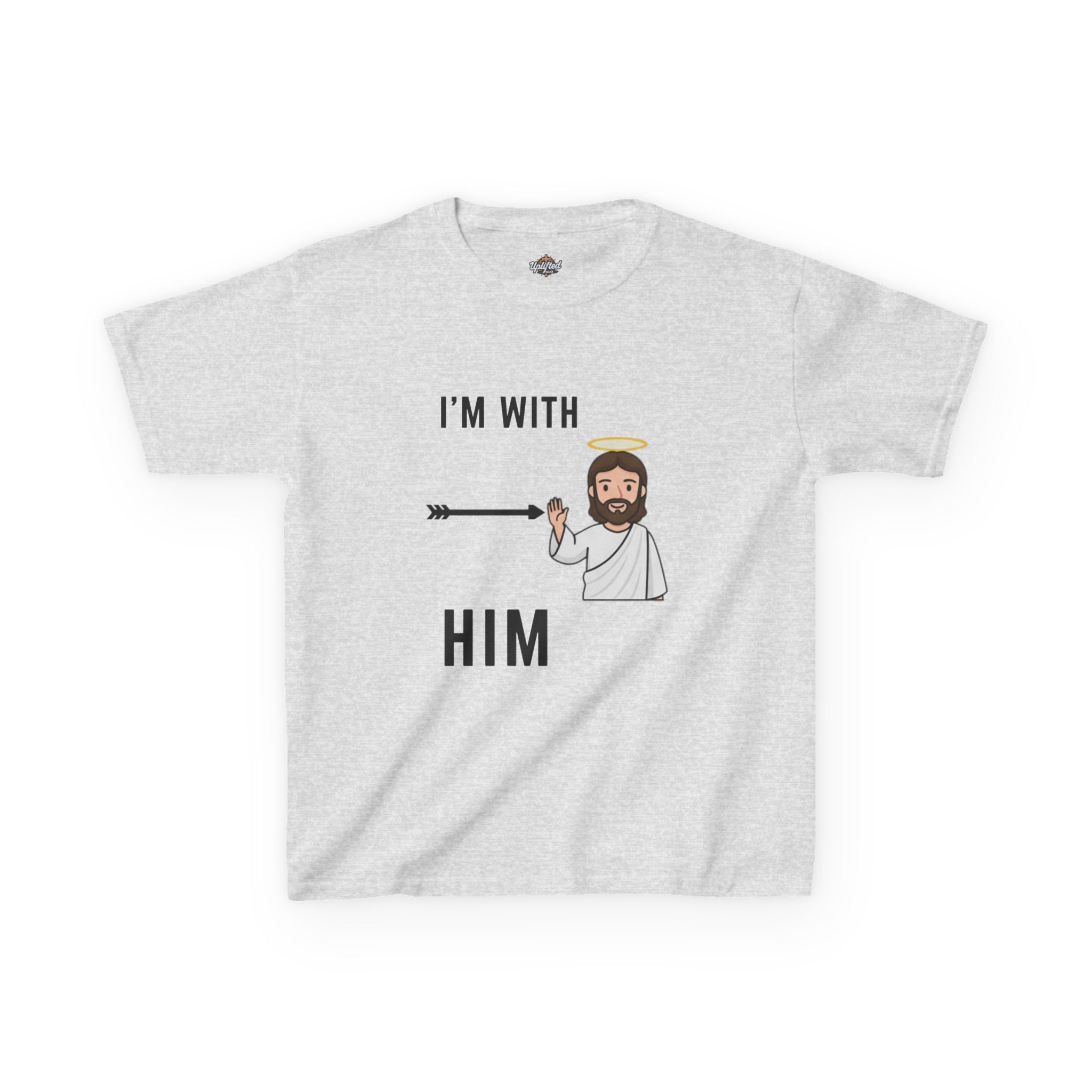🔥 I’m With Him → Christian Kids T-Shirt | Arrow Pointing to Jesus | Minimalist Faith Tee | Subtle Cross Design | Bible-Inspired Apparel by Uplifted Gear Printify