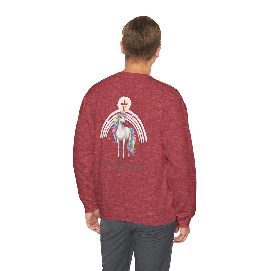 Unique Unicorn Sweatshirt – Rainbow Cross Psalm 139:14 Christian Sweatshirt for Wonderfully Made Printify