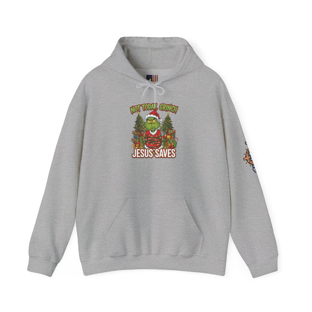 🎄 Not Today, Grinch – Jesus Saves | Funny Christian Christmas Hoodie | Sulking Grinch & Glowing Cross | Bold Neon Faith Tee by Uplifted Gear Printify