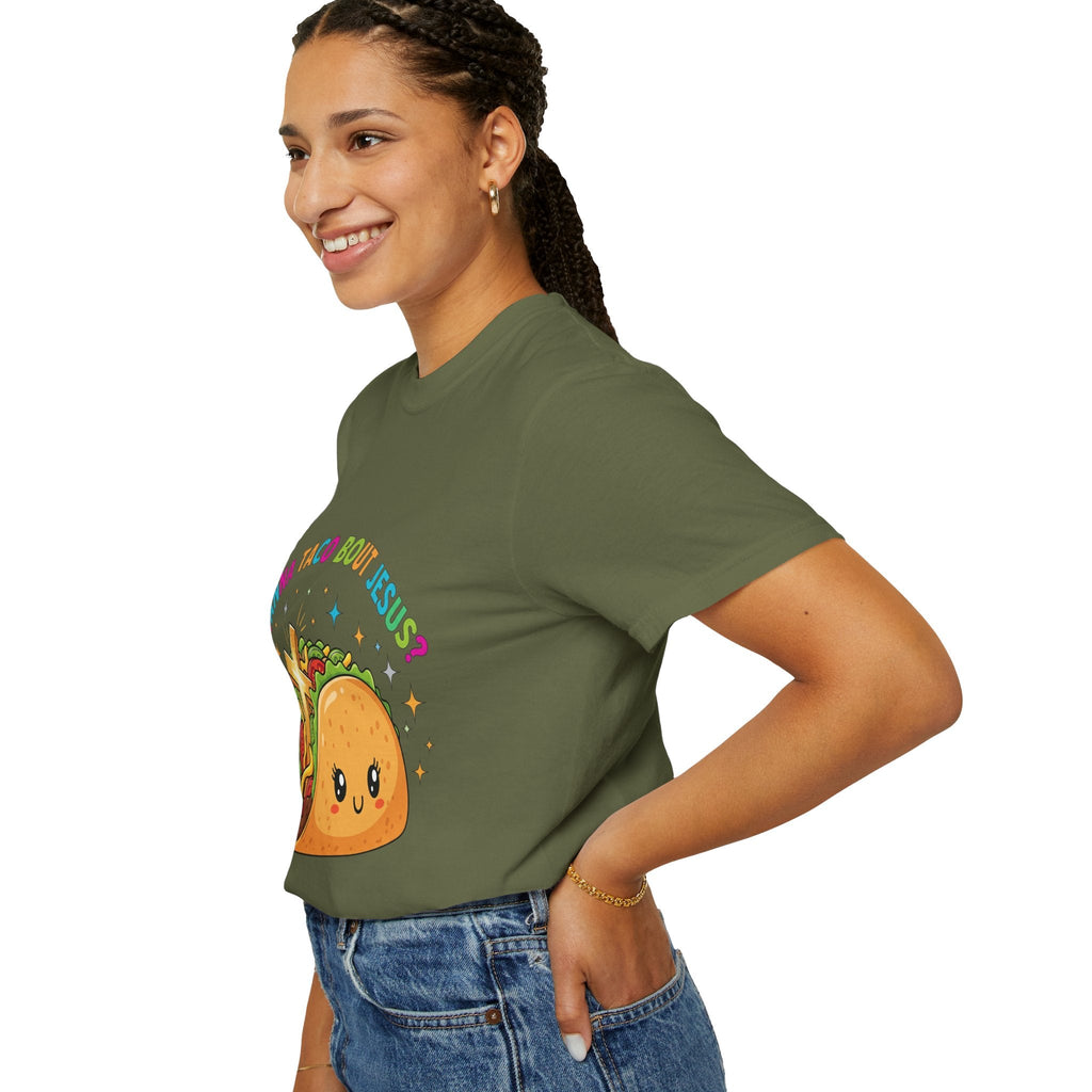 Wanna Taco 'Bout Jesus? Funny Christian Pun T-Shirt – Lettuce Pray & Share Faith! Printify