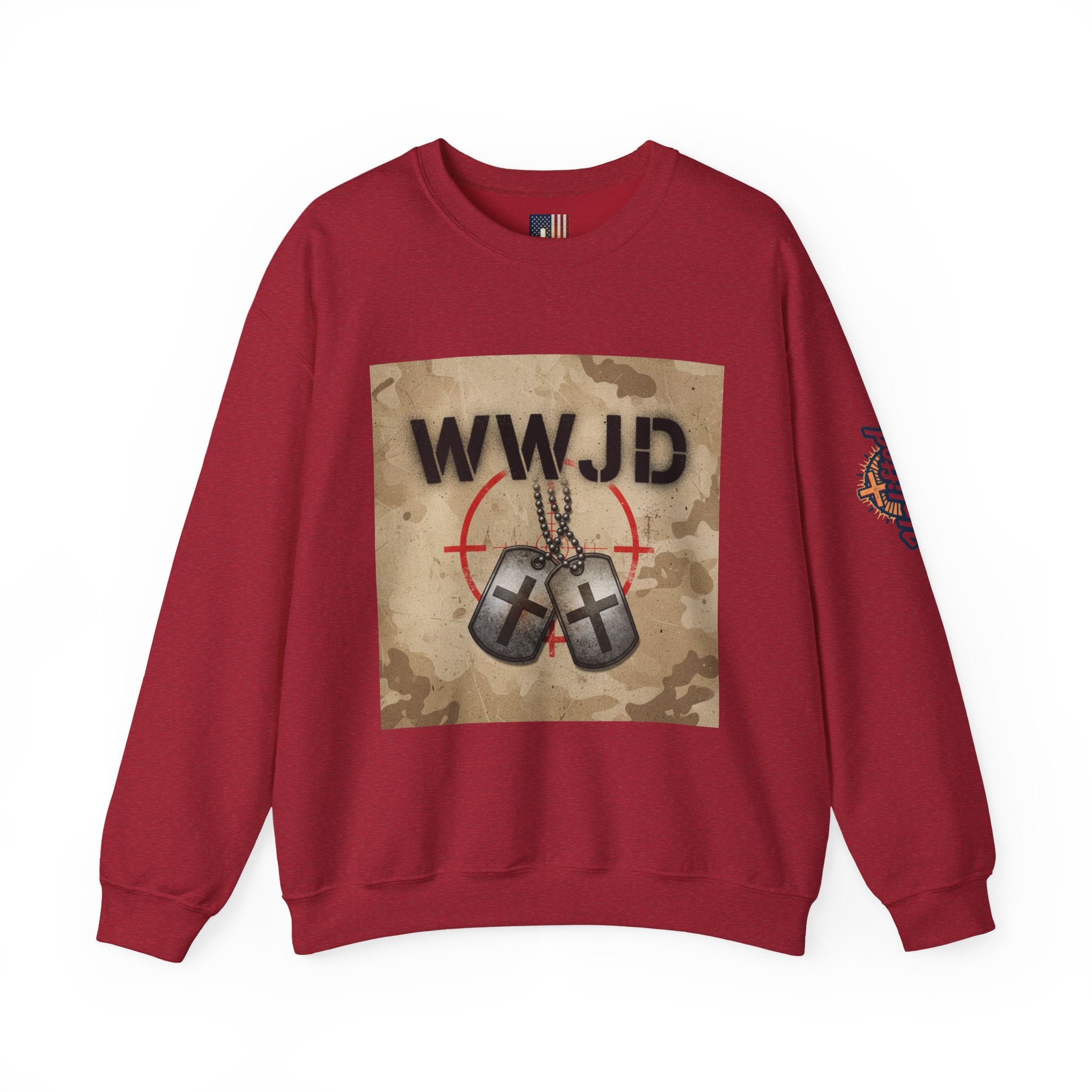 WWJD Sweatshirt – Military Dog Tags What Would Jesus Do Camo Christian Sweatshirt for Bold Faith & Streetwear Printify