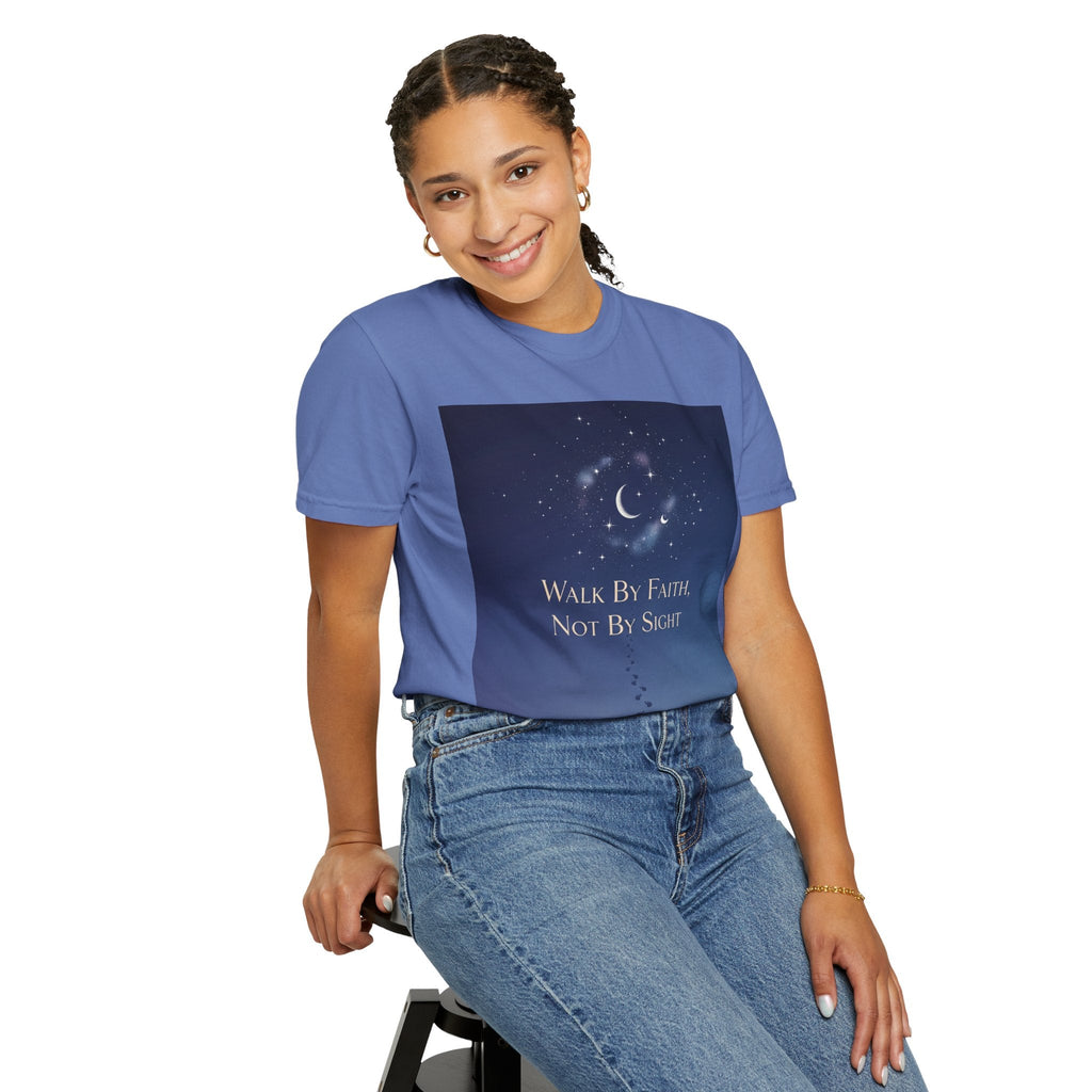 Walk by Faith, Not by Sight T-Shirt – Footprints in the Sand Christian Moonlit Tee Printify
