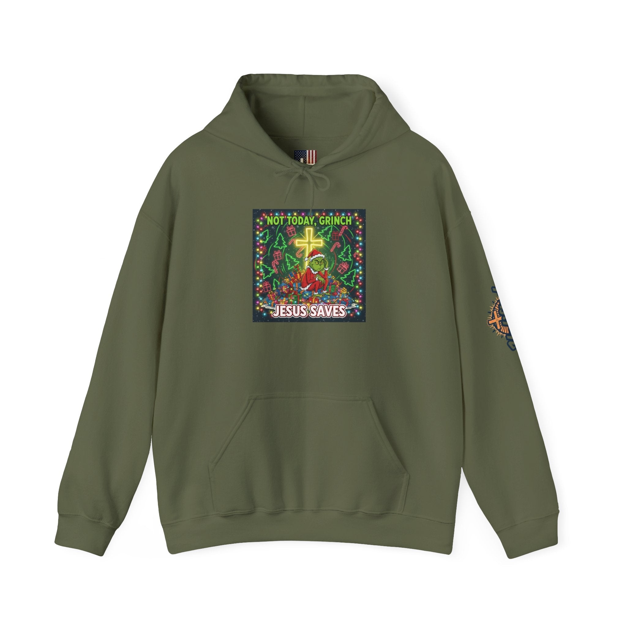 🎄 Not Today, Grinch – Jesus Saves | Funny Christian Christmas Hoodie | Festive Green & Red Cartoon Style | Bold Faith Holiday Tee by Uplifted Gear Printify