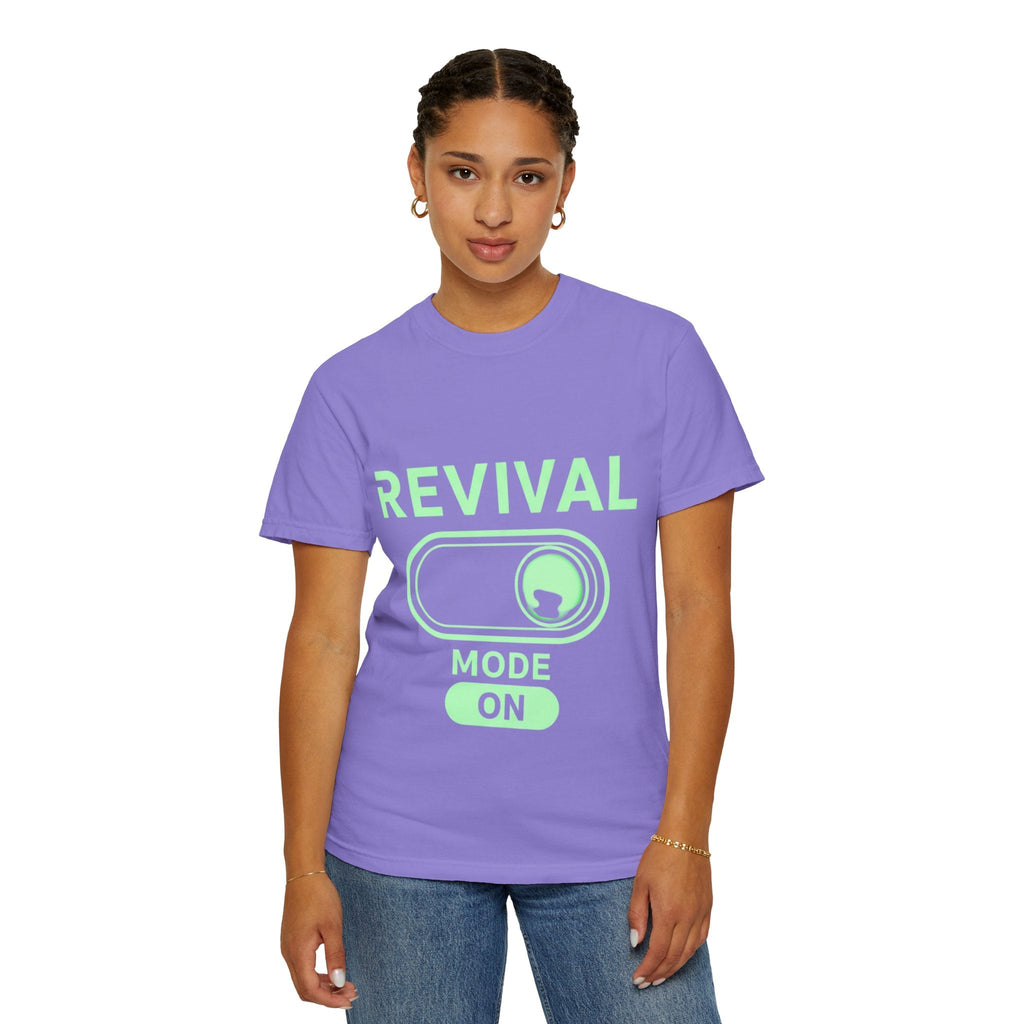 🔥 Revival Mode: ON – Christian Techwear T-Shirt | Glowing Green Faith Switch | Futuristic Jesus Shirt | Activate Your Spiritual Awakening | Uplifted Gear Printify