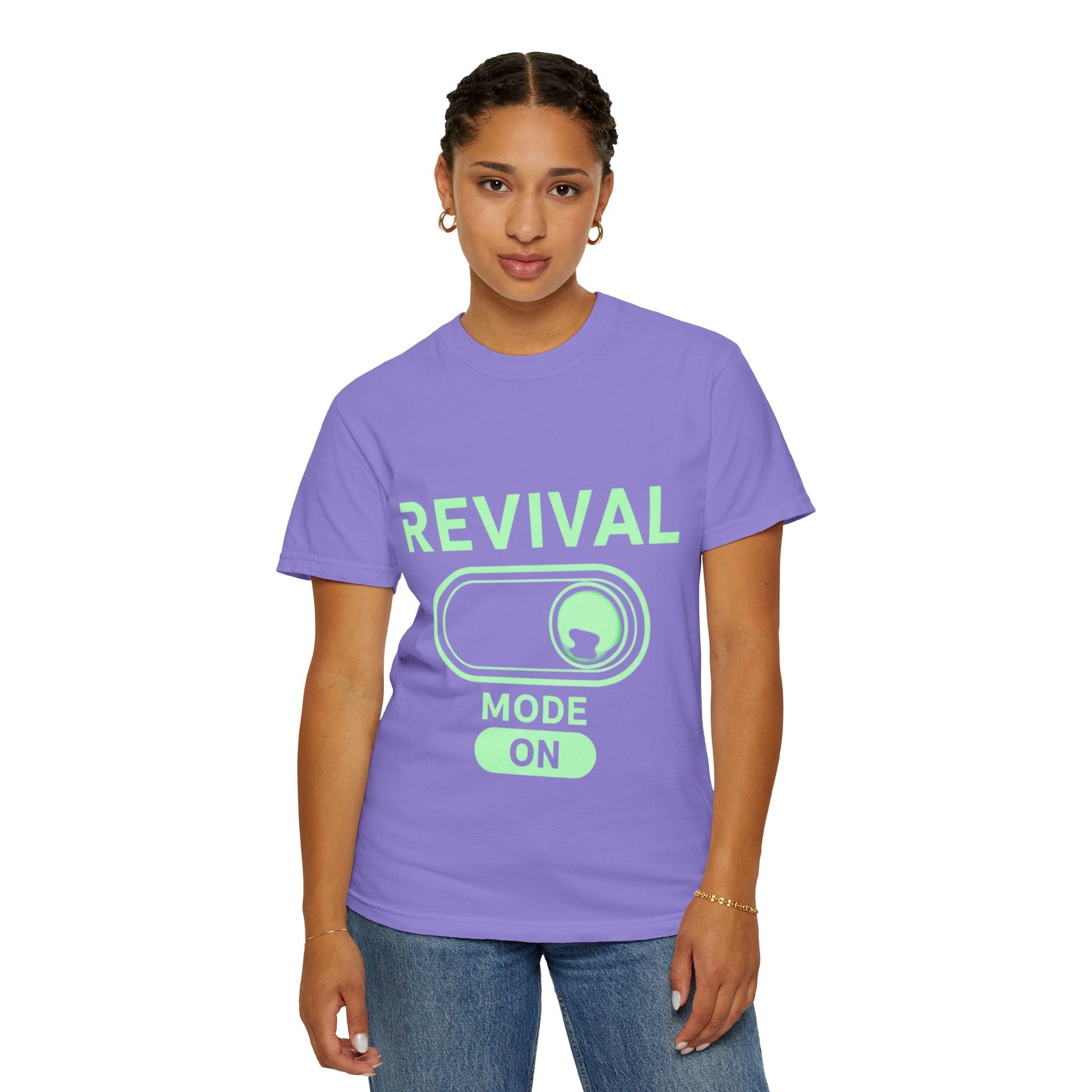 🔥 Revival Mode: ON – Christian Techwear T-Shirt | Glowing Green Faith Switch | Futuristic Jesus Shirt | Activate Your Spiritual Awakening | Uplifted Gear Printify