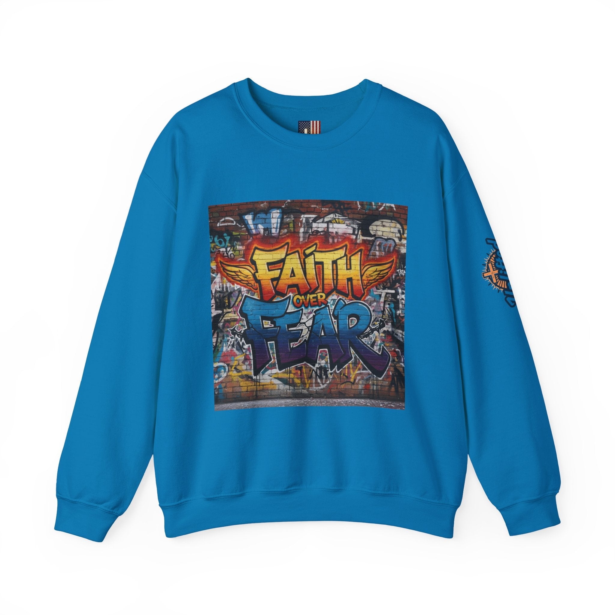 Faith Over Fear Sweatshirt – Graffiti Wall Christian Sweatshirt for Bold 2 Corinthians 5:7 Streetwear & Unshakable Faith Printify