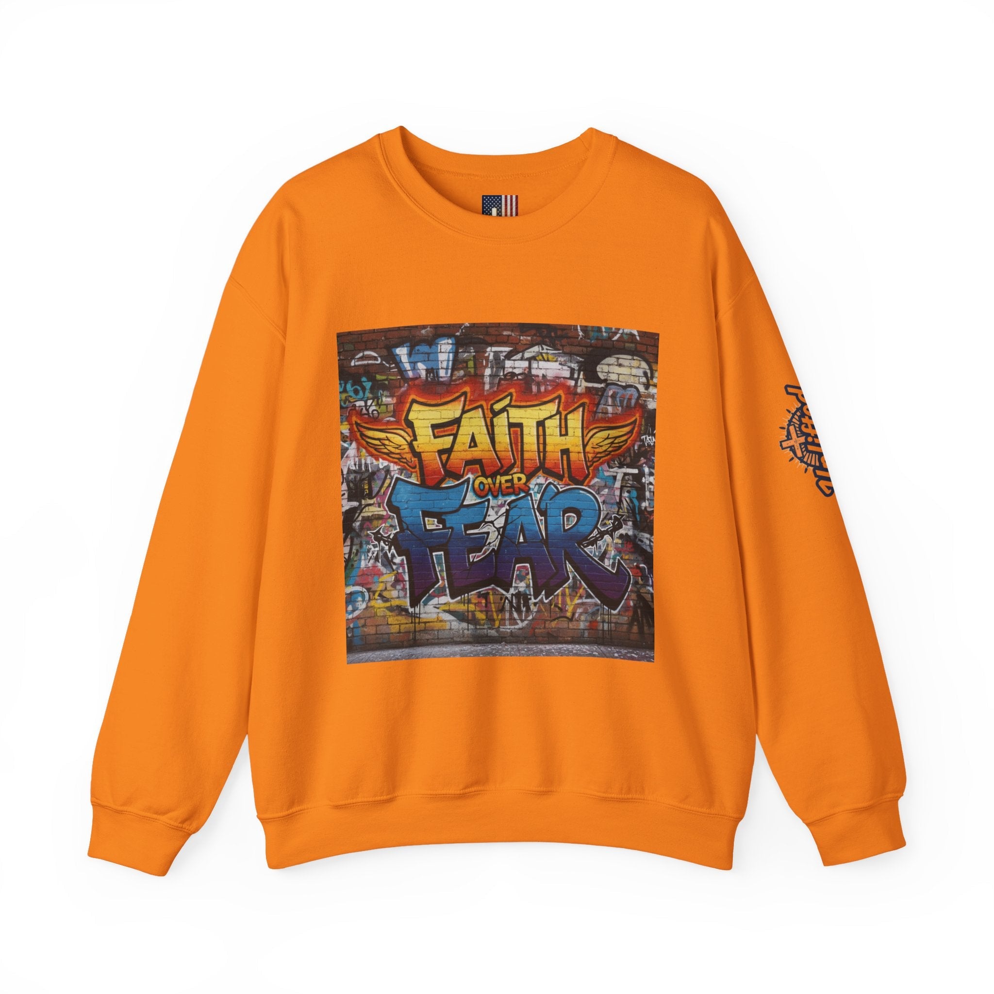 Faith Over Fear Sweatshirt – Graffiti Wall Christian Sweatshirt for Bold 2 Corinthians 5:7 Streetwear & Unshakable Faith Printify