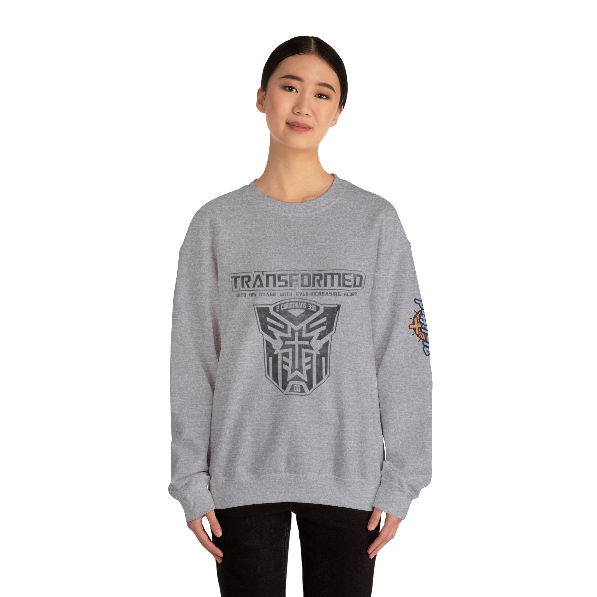 Transformer Logo Christian Sweatshirt | 2 Corinthians 3:18 Bible Verse Sweatshirt Printify