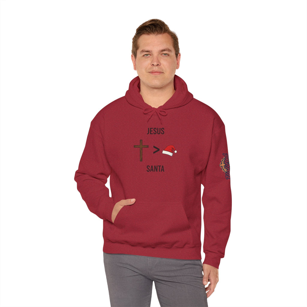 🎄 Jesus > Santa – Minimalist Christian Christmas Hoodie | Bold Faith Over Holiday Tee | Cross vs Santa Hat Design | Uplifted Gear Printify