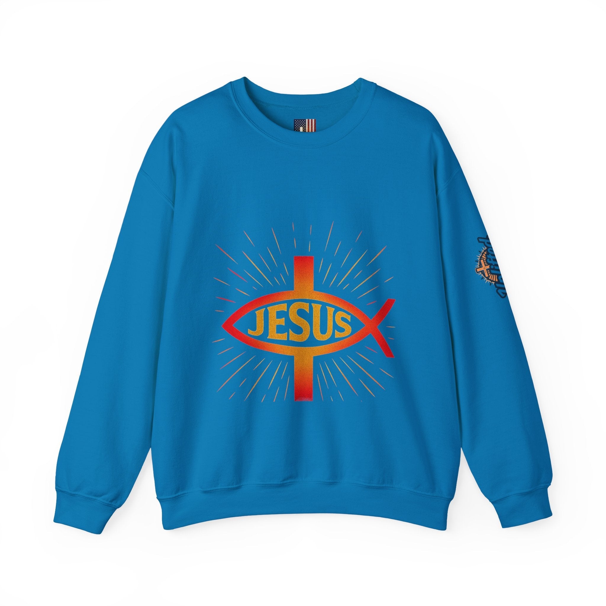Jesus Ichthys Sweatshirt – Christian Fish Symbol with Cross & Jesus Inscription Sweatshirt for Eternal Faith & Streetwear Printify