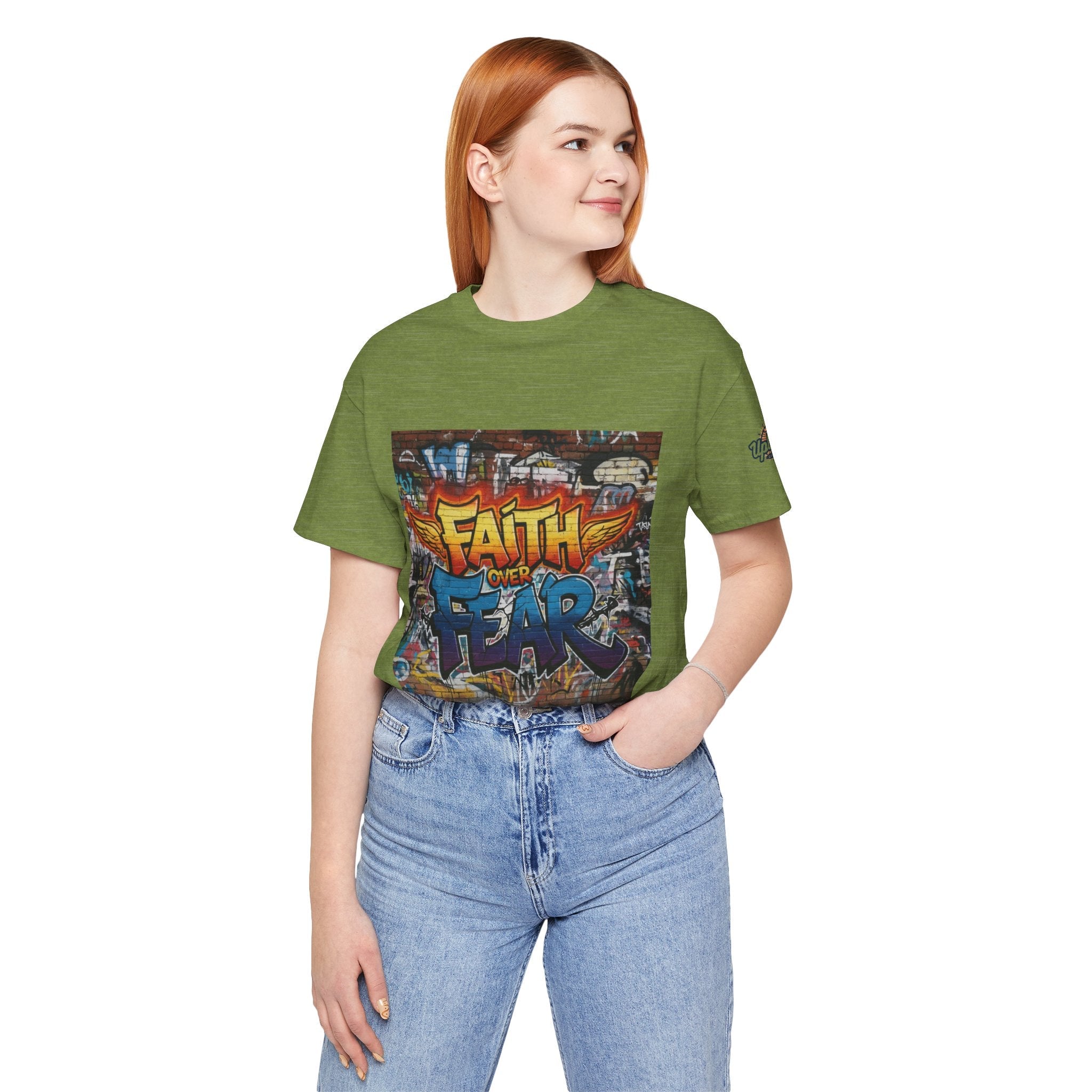 Faith Over Fear T-shirt – Graffiti Wall Christian T-shirt for Bold 2 Corinthians 5:7 Streetwear & Unshakable Faith Printify