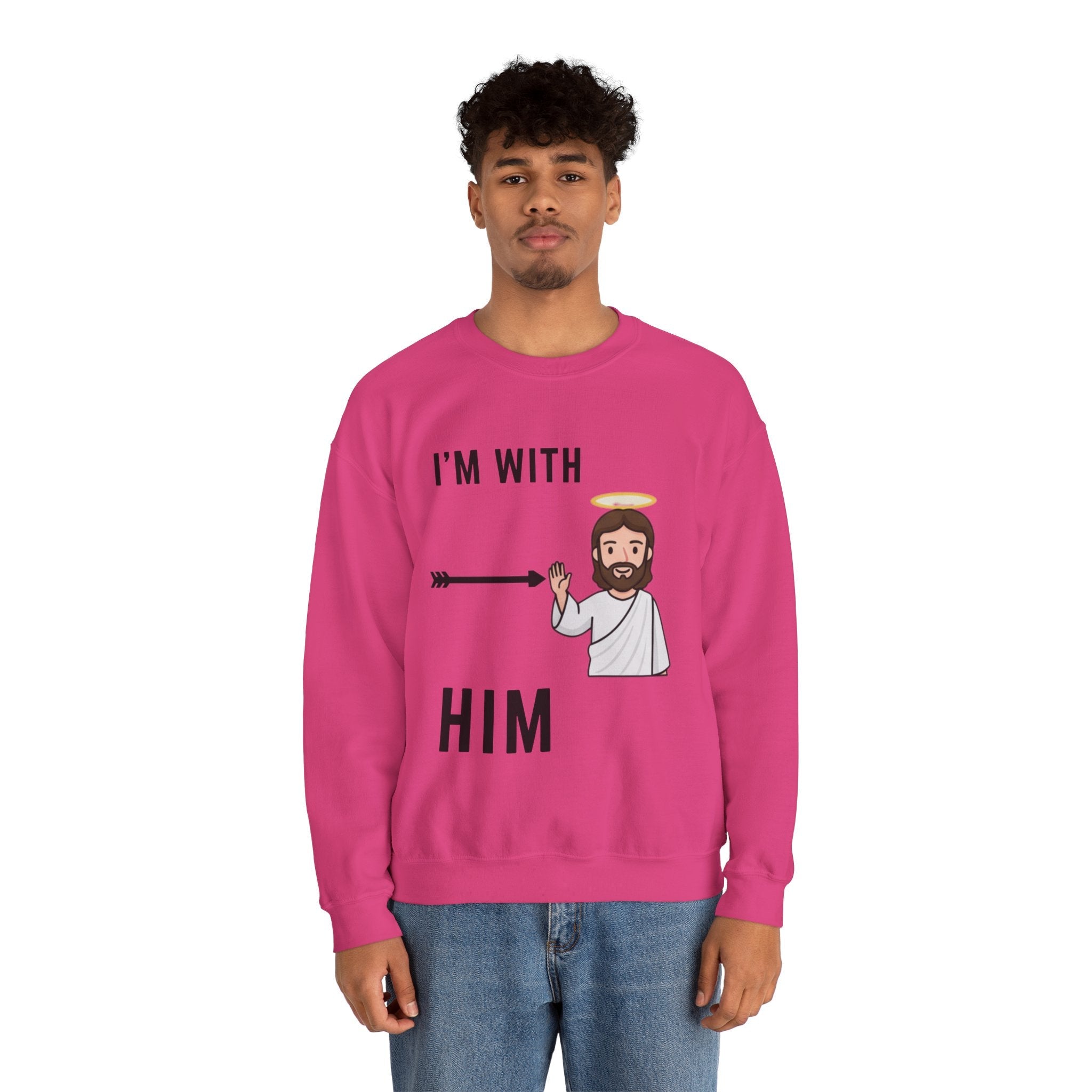 🔥 I’m With Him → Christian Sweatshirt | Arrow Pointing to Jesus | Minimalist Faith Tee | Subtle Cross Design | Bible-Inspired Apparel by Uplifted Gear Printify