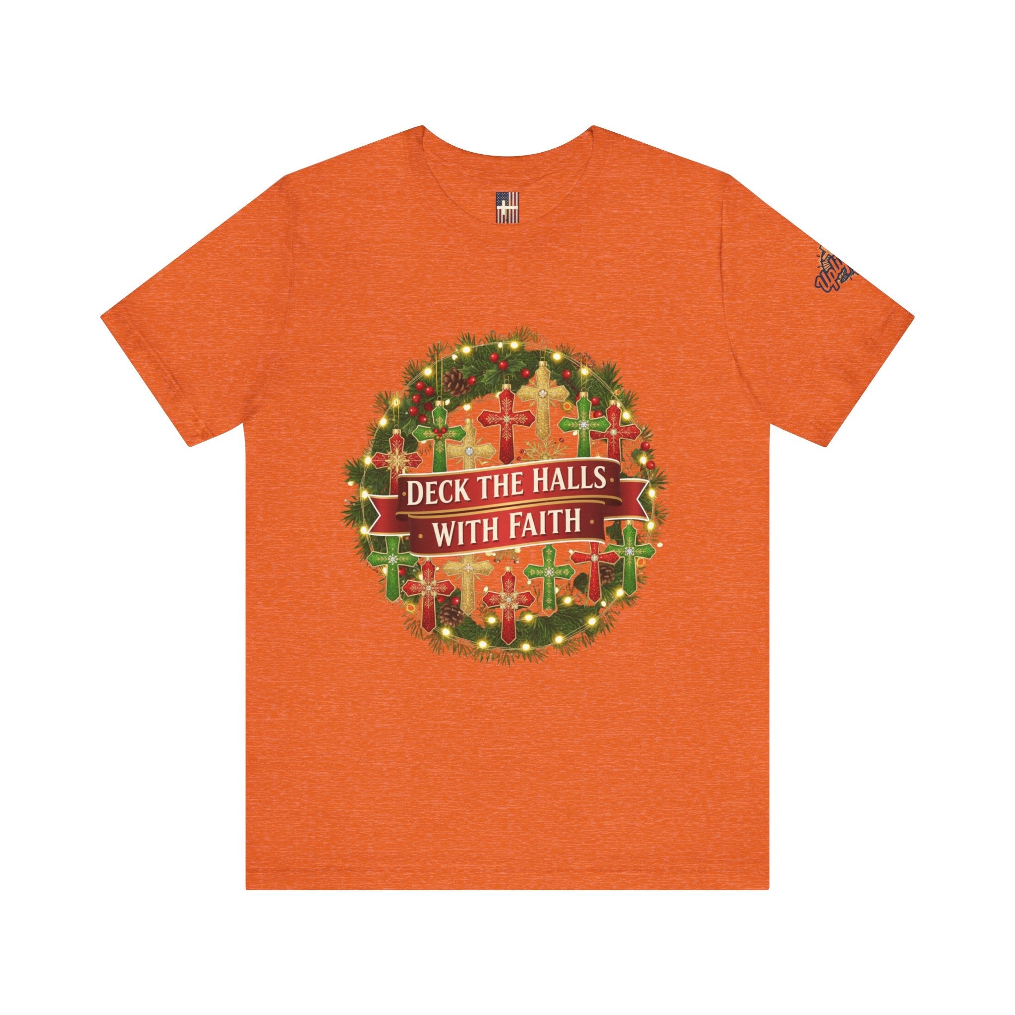 🎄 Deck the Halls with Faith – Christian Christmas T-Shirt | Cross Ornament Design & Festive Garland | Bold Holiday Faith Tee by Uplifted Gear Printify
