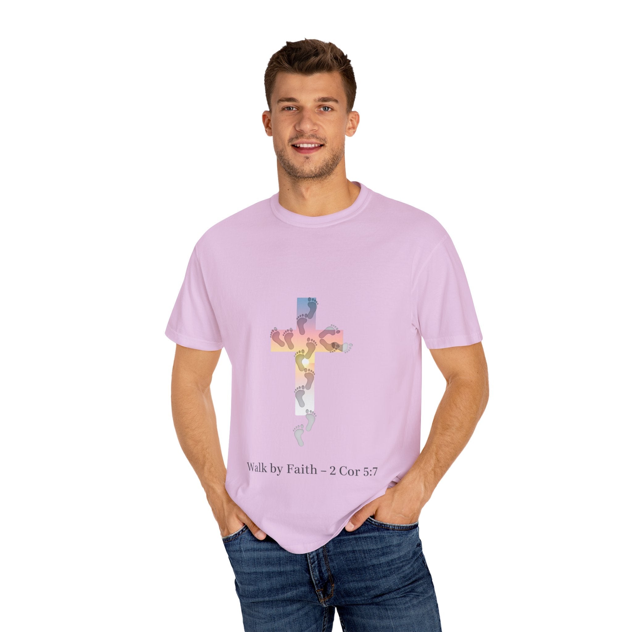 Walk by Faith T-Shirt – Cross & Footprints Christian Tee for Bold Believers Printify