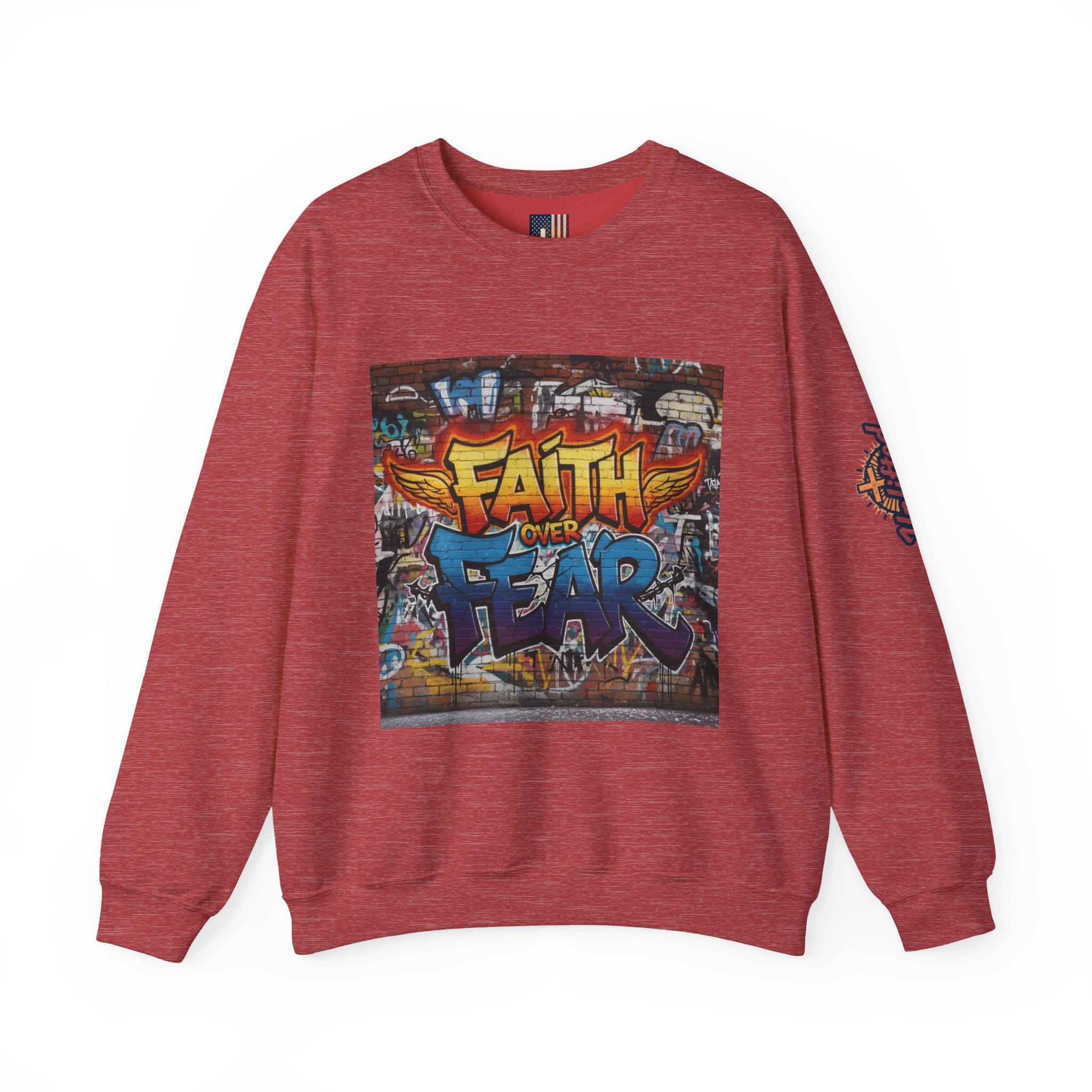 Faith Over Fear Sweatshirt – Graffiti Wall Christian Sweatshirt for Bold 2 Corinthians 5:7 Streetwear & Unshakable Faith Printify